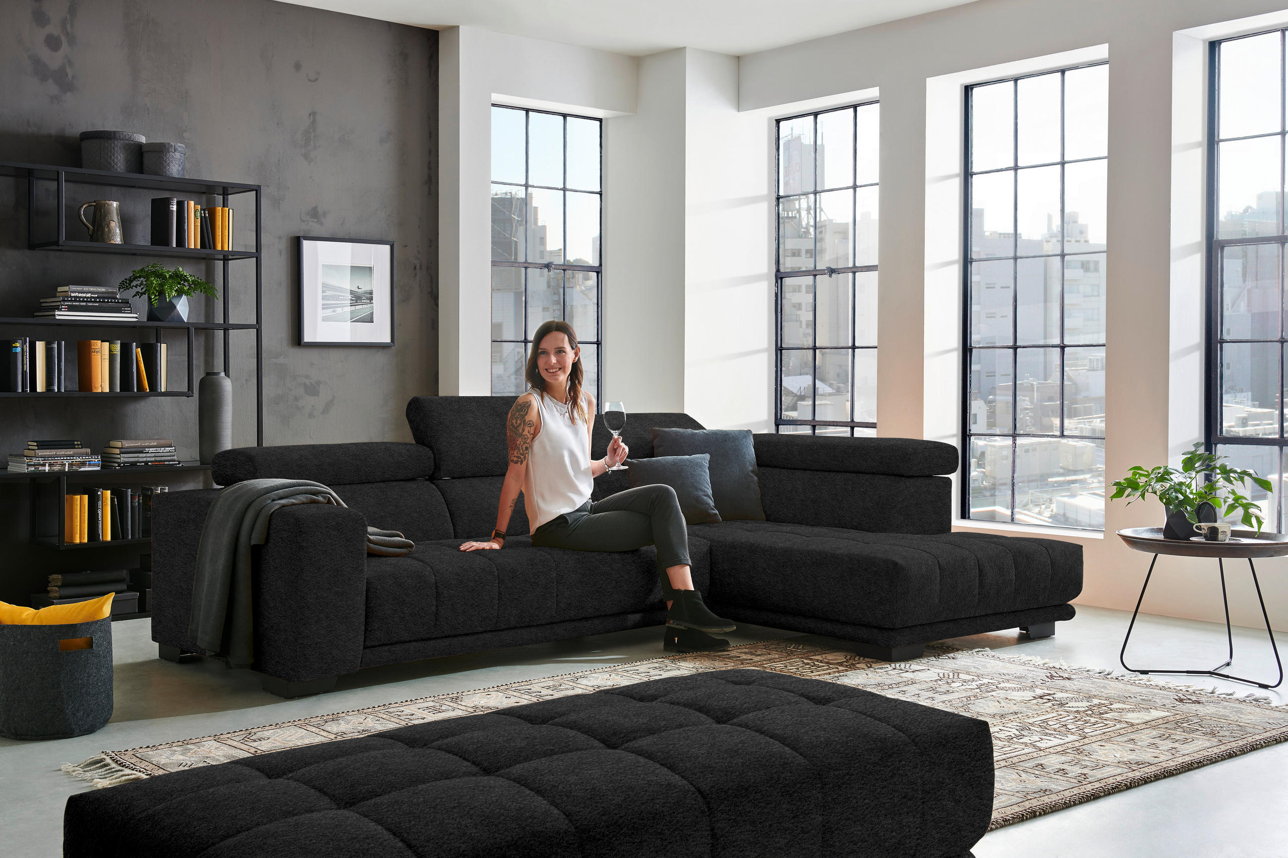 ECKSOFA in Mikrofaser Anthrazit  - Anthrazit/Schwarz, Design, Textil/Metall (301/207cm) - Xora