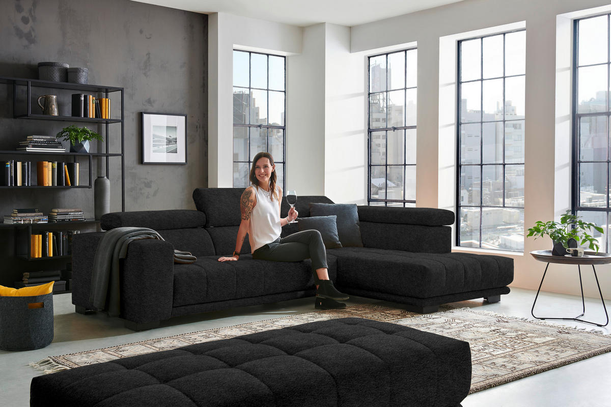 ECKSOFA in Mikrofaser Anthrazit  301/207 cm  - Anthrazit/Schwarz, Design, Textil/Metall (301/207cm) - Xora
