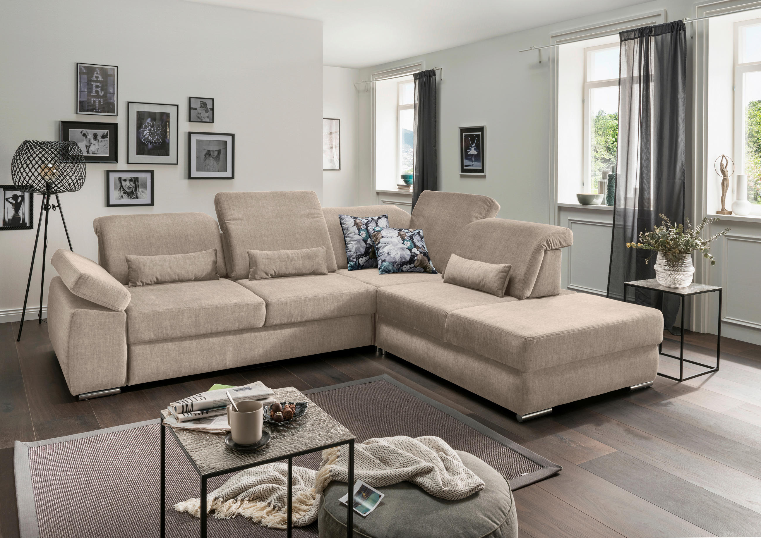 ECKSOFA Hellbraun Velours  - Hellbraun/Chromfarben, MODERN, Holz/Textil (297/250cm) - Livetastic