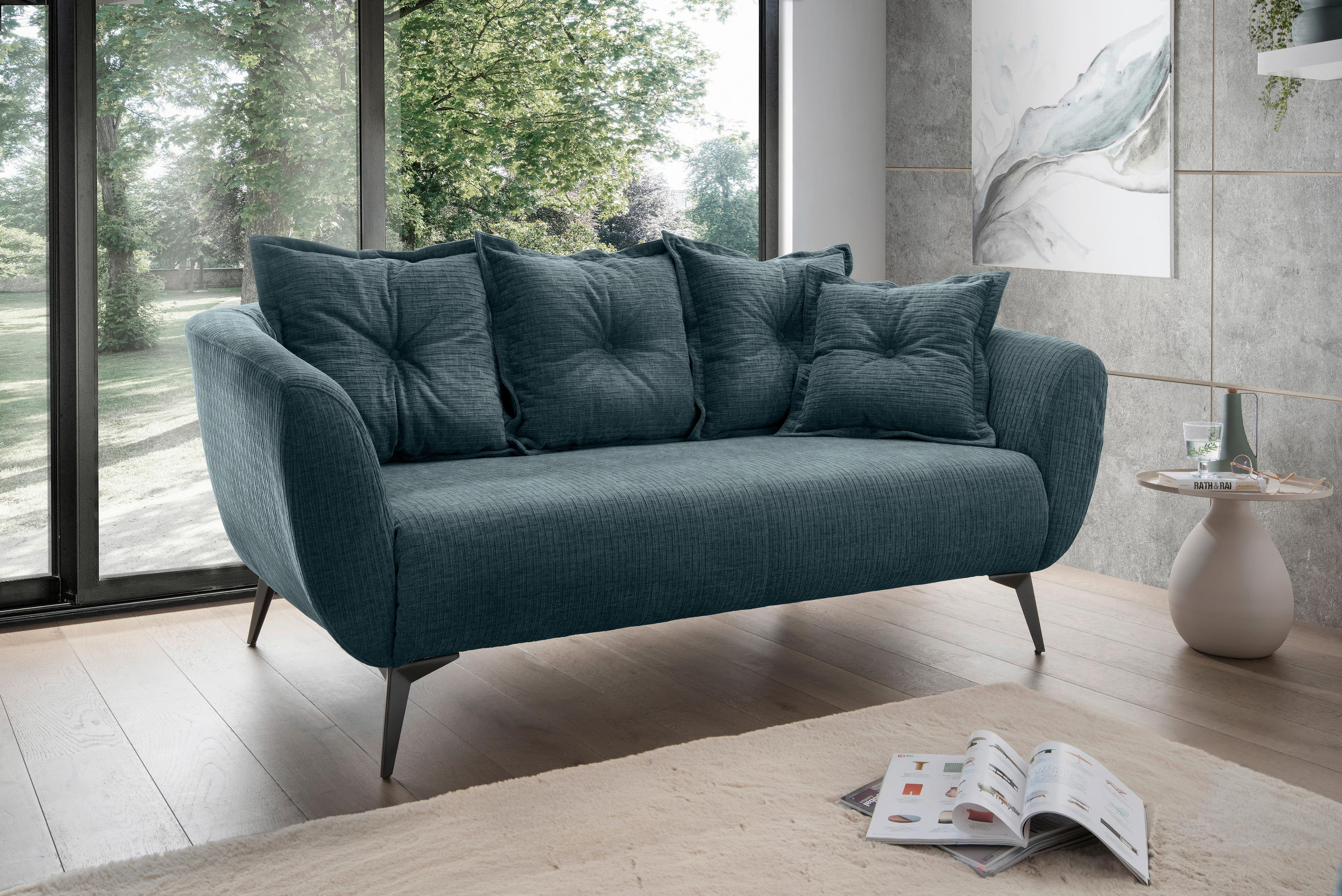 2,5-SITZER Mikrofaser Blau  - Blau/Schwarz, MODERN, Textil/Metall (196/94/103cm) - Livetastic