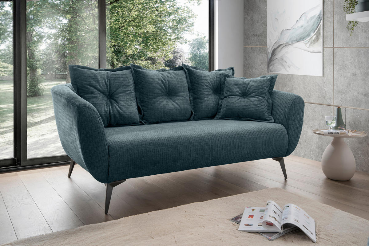 2,5-SITZER in Mikrofaser Blau  - Blau/Schwarz, Modern, Textil/Metall (196/94/103cm) - Livetastic