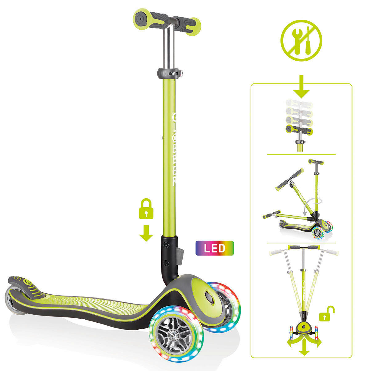 KINDERSCOOTER ELITE DELUXE LIGHTS  - Limette/Hellgrün, Basics (56/28/84cm) - GLOBBER