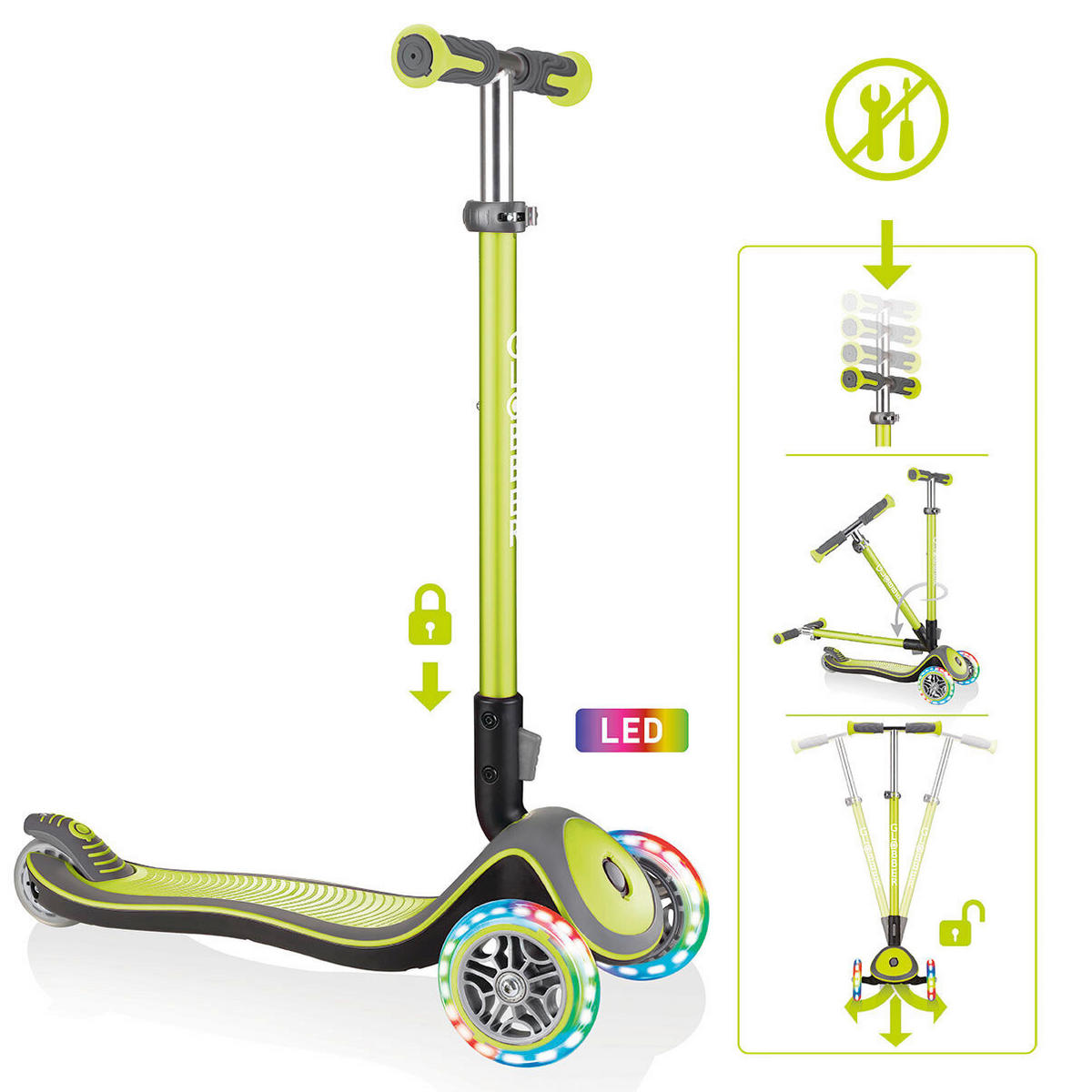 KINDERSCOOTER ELITE DELUXE LIGHTS  - Limette/Hellgrün, Basics (56/28/84cm) - GLOBBER