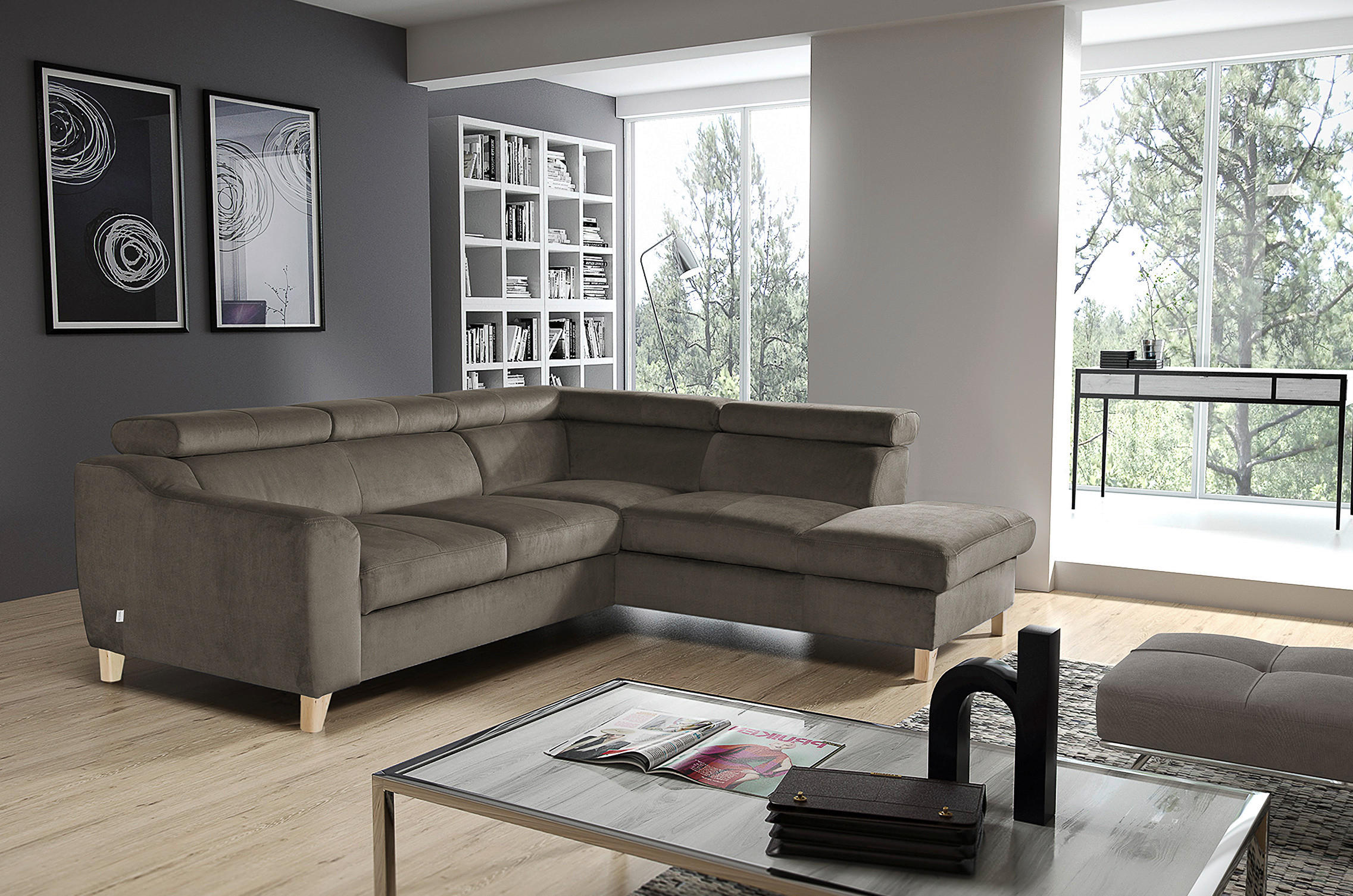 ECKSOFA in Webstoff Graubraun  - Graubraun/Buchefarben, Design, Holz/Textil (245/208cm) - Livetastic