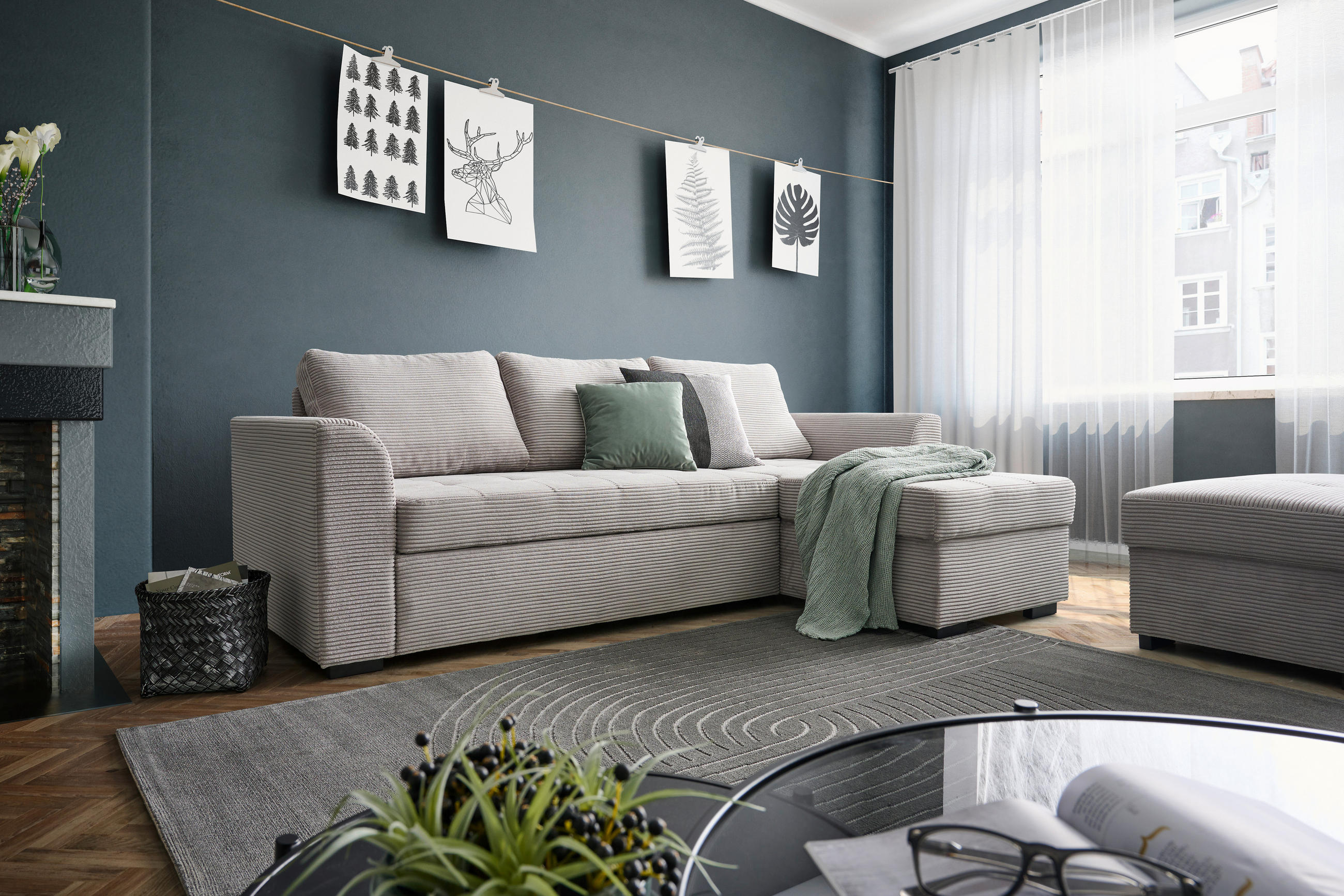 ECKSOFA inkl. Schlaffunktion Hellgrau Cord, Velours  - Hellgrau/Schwarz, Design, Kunststoff/Textil (155/243cm) - Xora