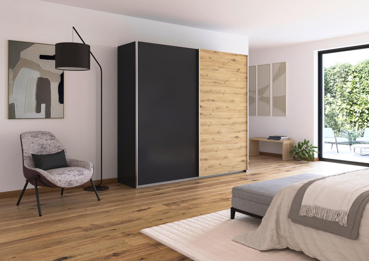 SCHWEBETÜRENSCHRANK  in Grau, Eiche Artisan  - Alufarben/Eiche Artisan, KONVENTIONELL, Holzwerkstoff/Metall (225/210/62cm) - Xora