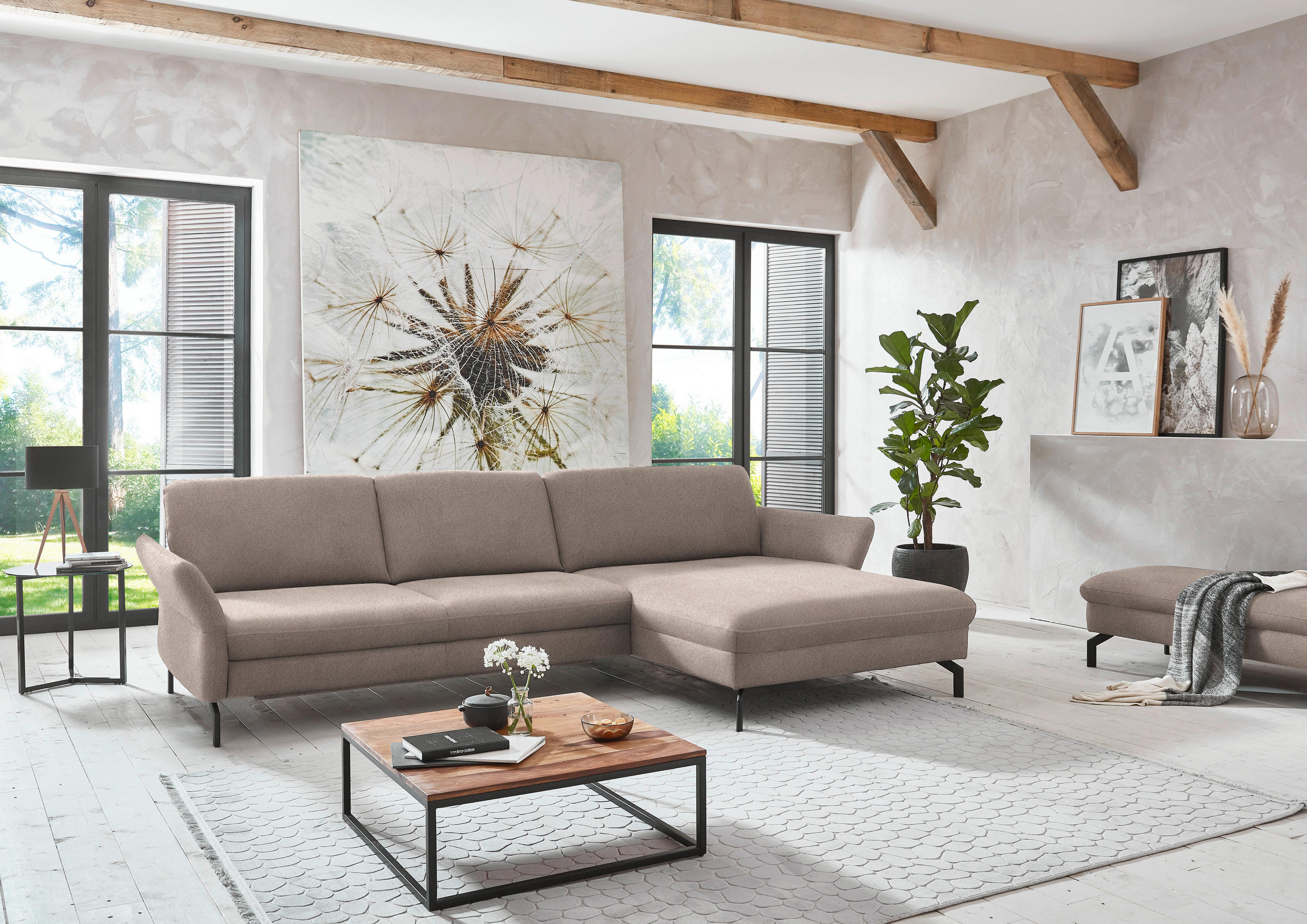 ECKSOFA in Velours Greige  - Greige/Schwarz, Design, Textil/Metall (306/179cm) - Beldomo System