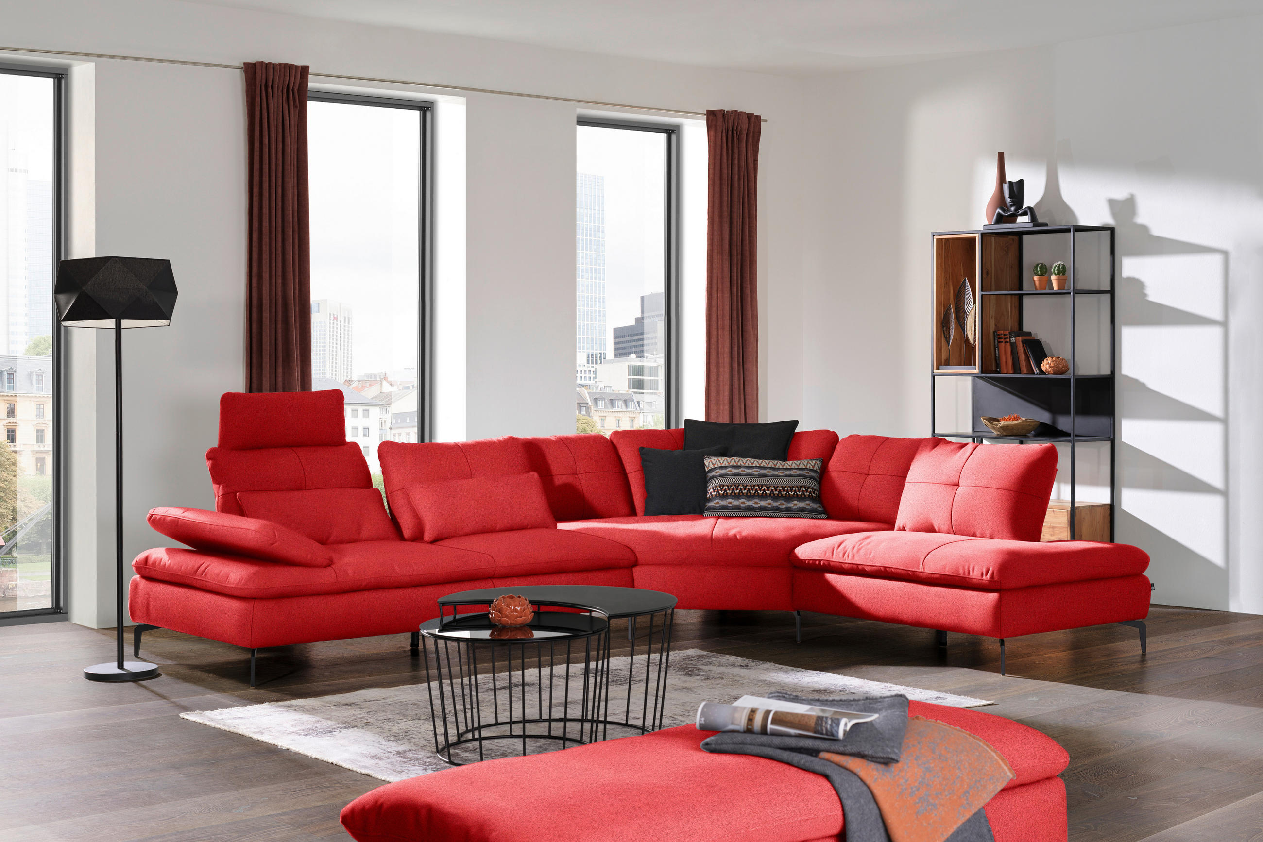 ECKSOFA in Flachgewebe Hellrot  - Hellrot/Schwarz, Design, Textil/Metall (344/271cm) - Chilliano