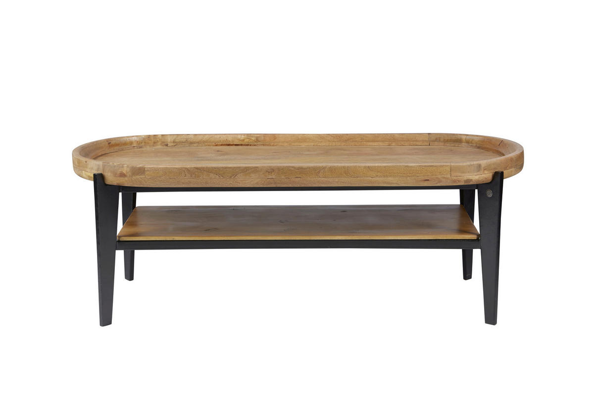 COUCHTISCH Mangoholz massiv 120/50/40 cm oval Naturfarben, Schwarz  - Schwarz/Naturfarben, Design, Holz/Metall (120/50/40cm) - MID.YOU
