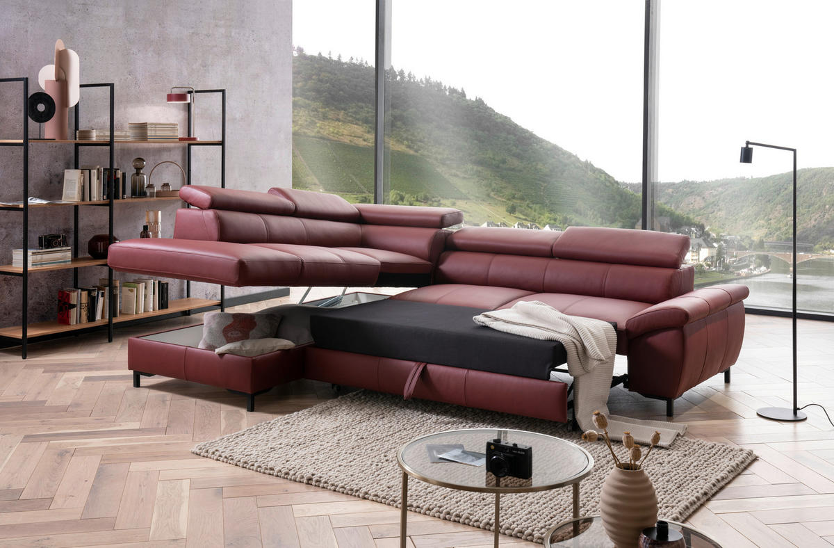 ECKSOFA Bordeaux Echtleder  - Bordeaux/Schwarz, Design, Leder/Metall (213/268cm)