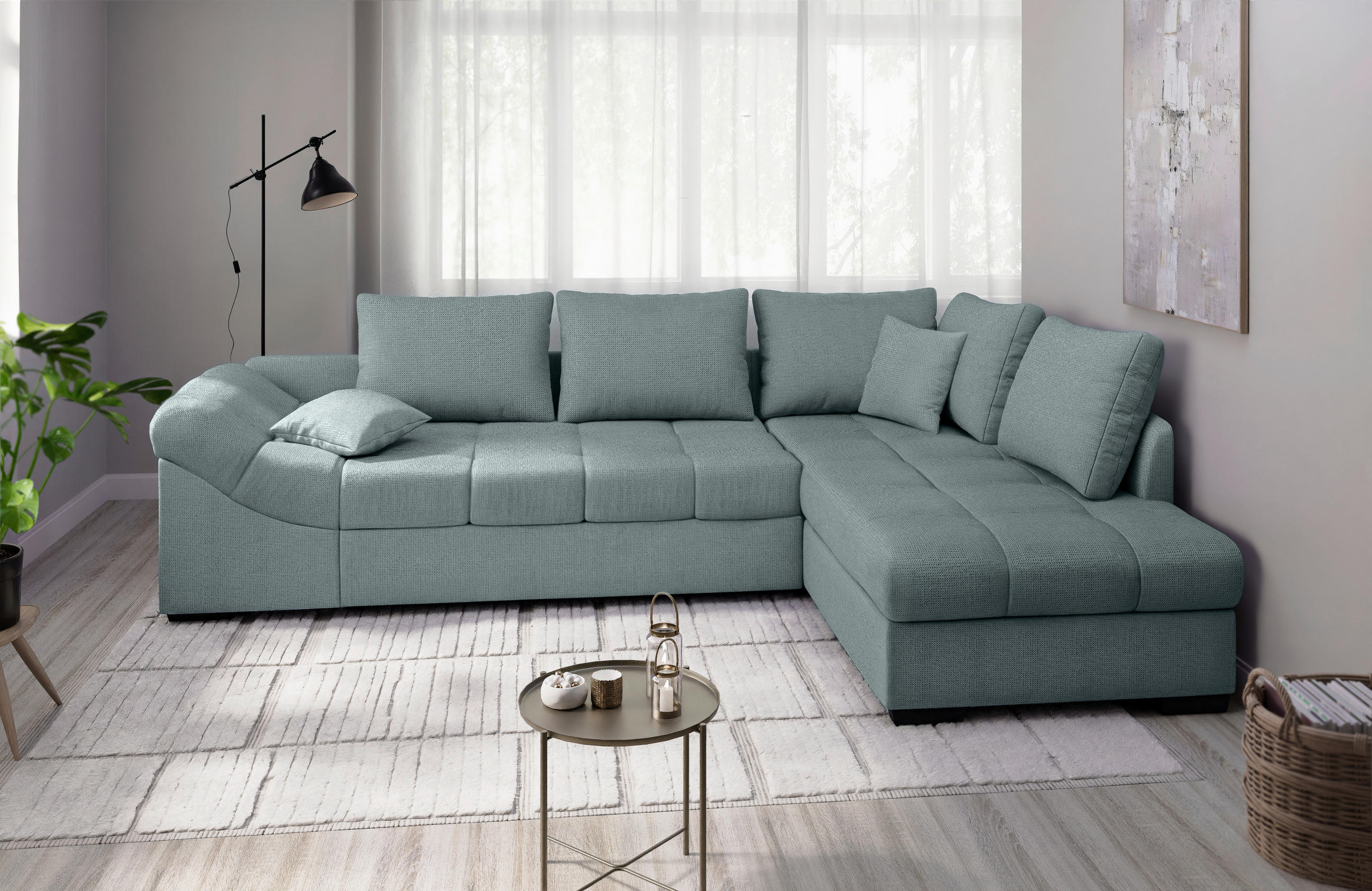 ECKSCHLAFSOFA Alvito in Chenille Mintgrün  - Schwarz/Mintgrün, MODERN, Holz/Textil (298/202cm) - MID.YOU