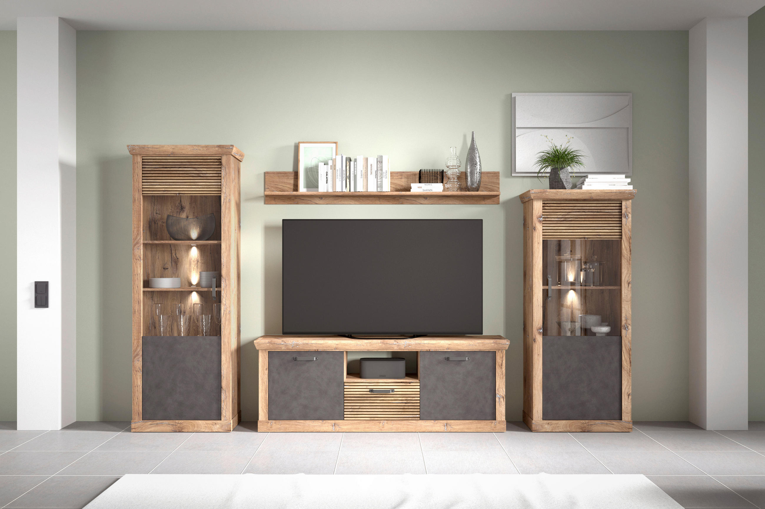VITRÍNA, antracitová, farba duba, 76/173,7/40 cm - čierna/farba duba, Konventionell, kompozitné drevo/plast (76/173,7/40cm) - Livetastic