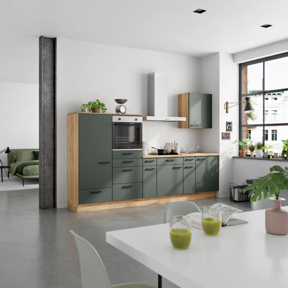 KÜCHENLEERBLOCK Easytouch 300 cm  in Eichefarben, Dunkelgrün  - Dunkelgrün/Eichefarben, MODERN, Holzwerkstoff/Metall (300cm) - Nobilia