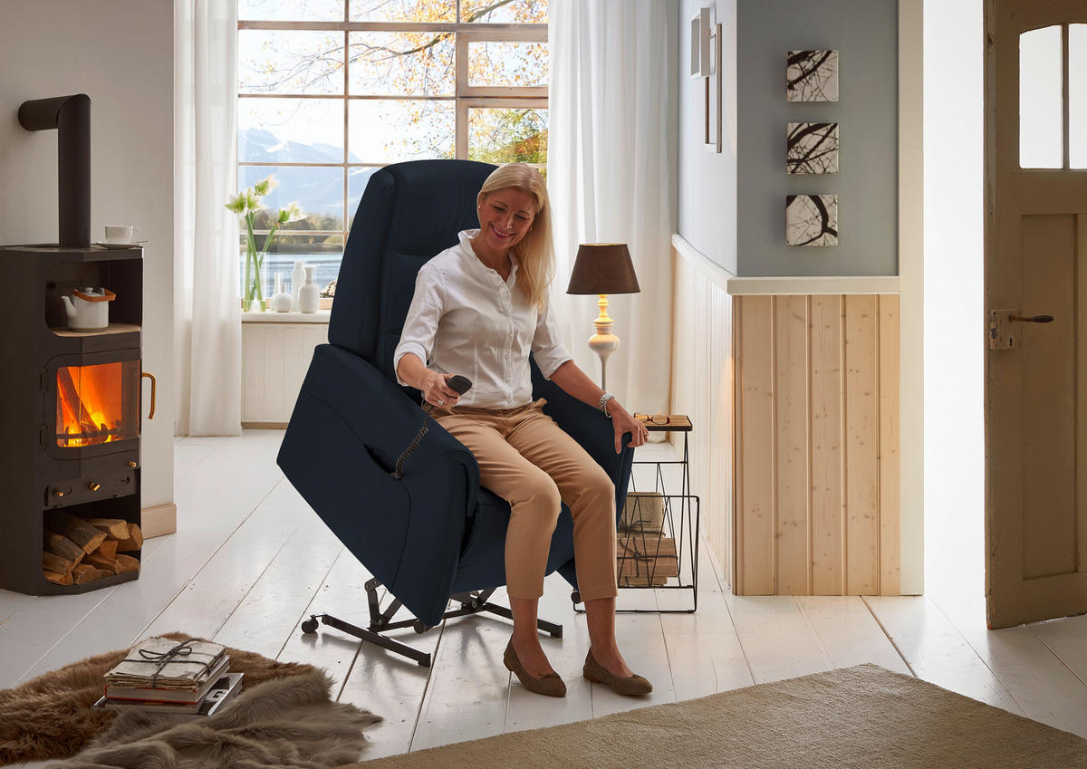 FERNSEHSESSEL Valdera  mit Relaxfunktion, Aufstehhilfe, Rücken echt Echtleder Dunkelblau  - Schwarz/Dunkelblau, KONVENTIONELL, Leder/Kunststoff (70/107/88cm) - Livetastic