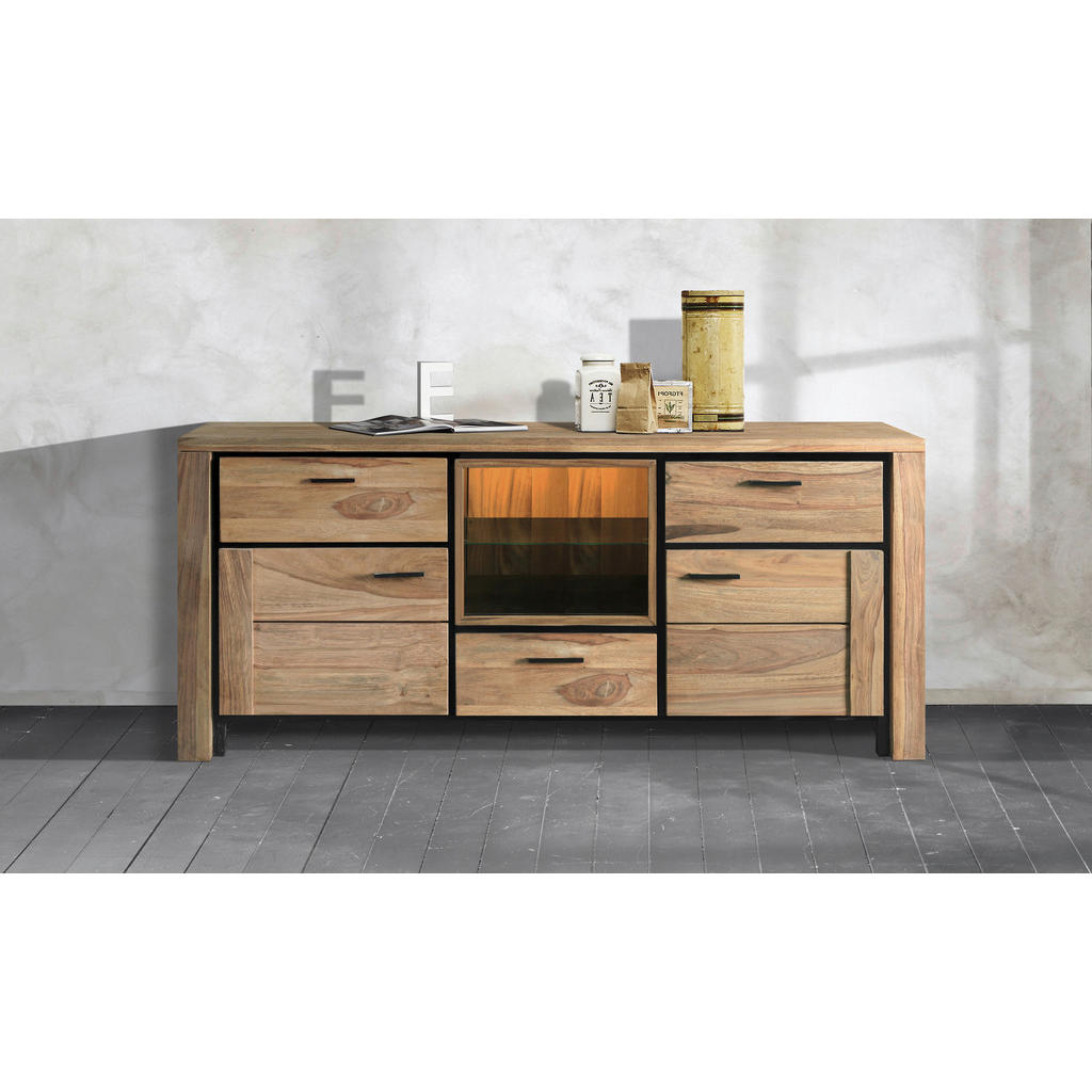 Thumbnail - Livetastic Sideboard, Sheesham, Metall, Sheesham, massiv, 1 Fächer, 3 Schubladen, 175x75x40 cm, Handmade in India, Beleu...