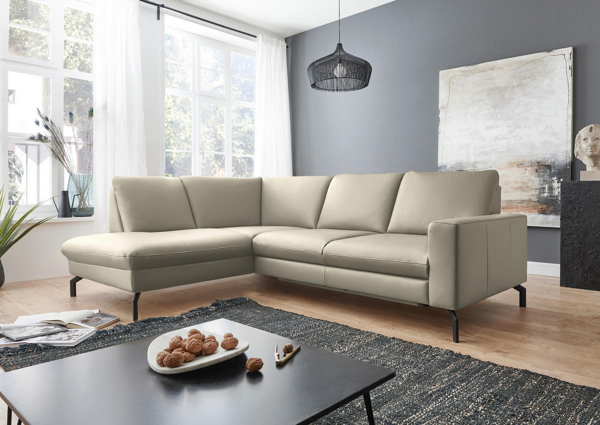 ECKSOFA Beldomo Premium in Echtleder Ecru  194/250 cm  - Ecru/Schwarz, Design, Leder/Metall (194/250cm) - Beldomo Premium