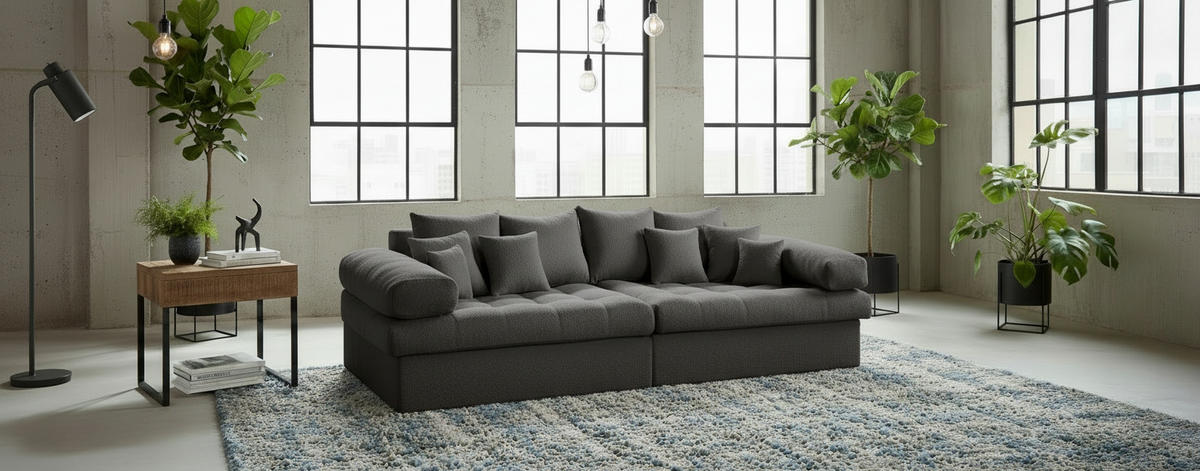 BIGSOFA Naomi Teddystoff Dunkelgrau  - Dunkelgrau/Schwarz, Design, Kunststoff/Textil (284/94/148cm) - Livetastic