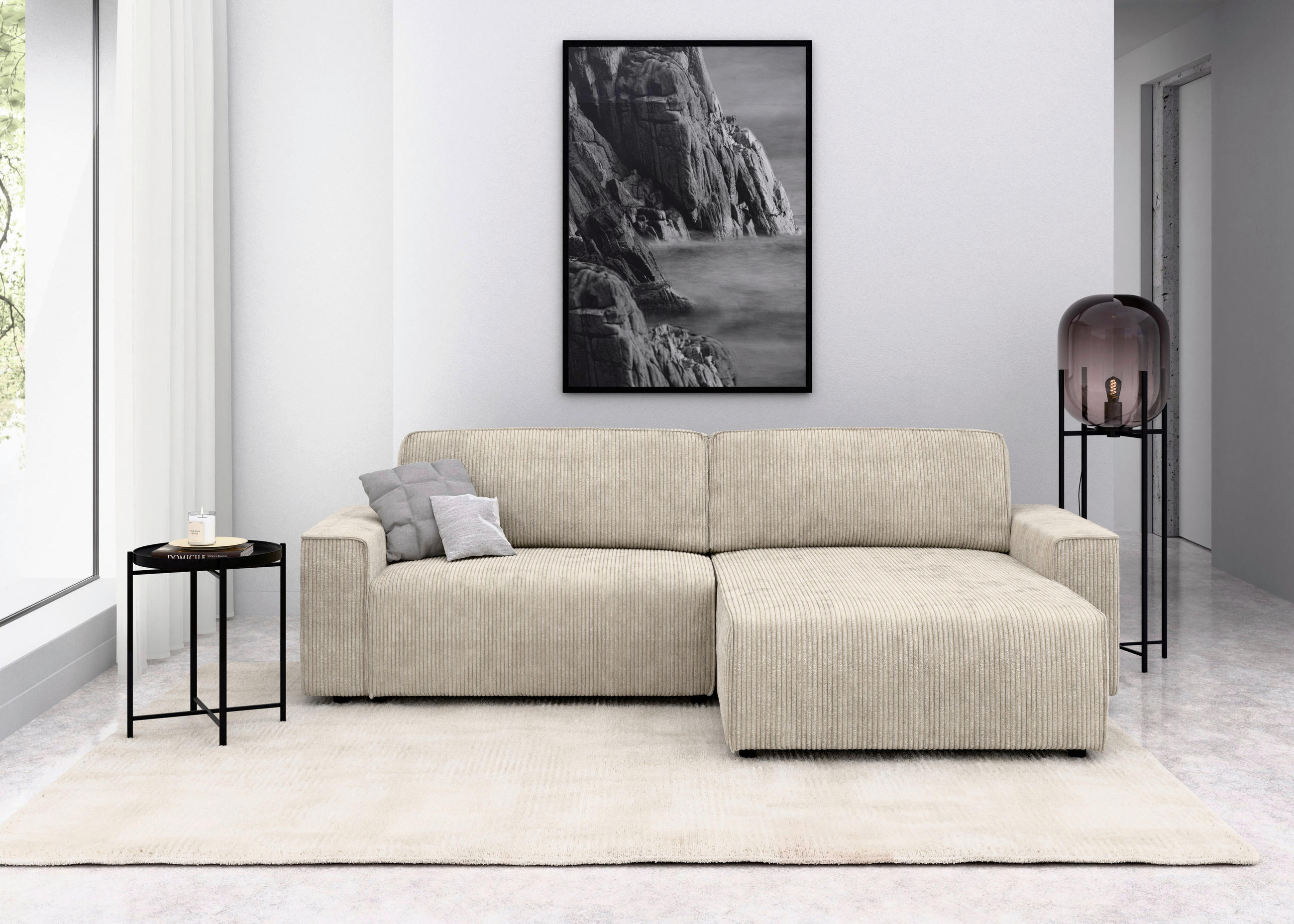 ECKSOFA in Cord Creme  265/164 cm  - Creme/Schwarz, MODERN, Kunststoff/Textil (265/164cm) - Trendmanufaktur