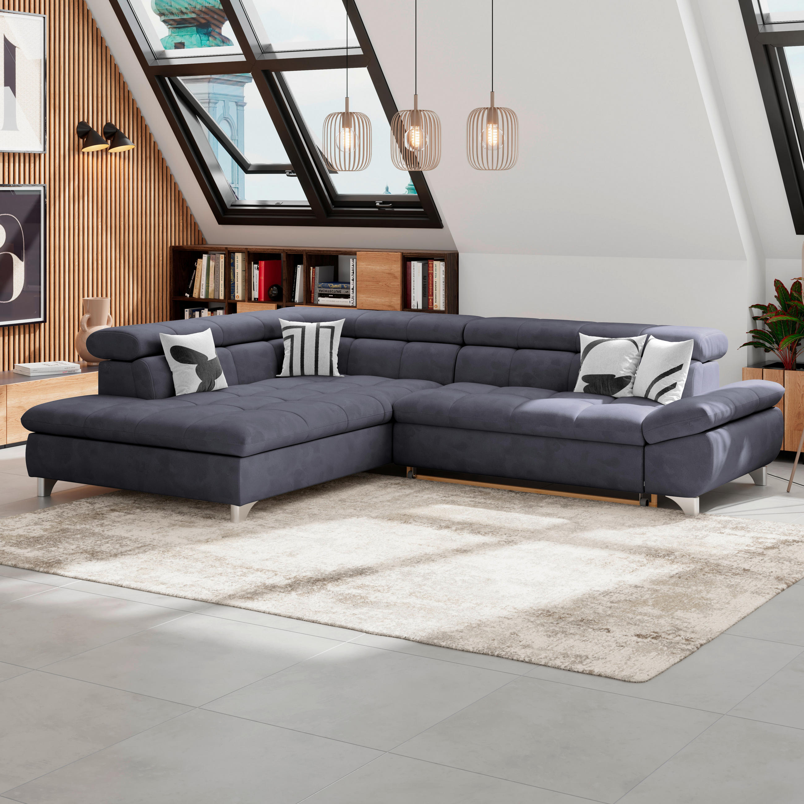 ECKSOFA Dunkelblau Chenille  - Chromfarben/Dunkelblau, KONVENTIONELL, Textil/Metall (234/312cm) - Livetastic