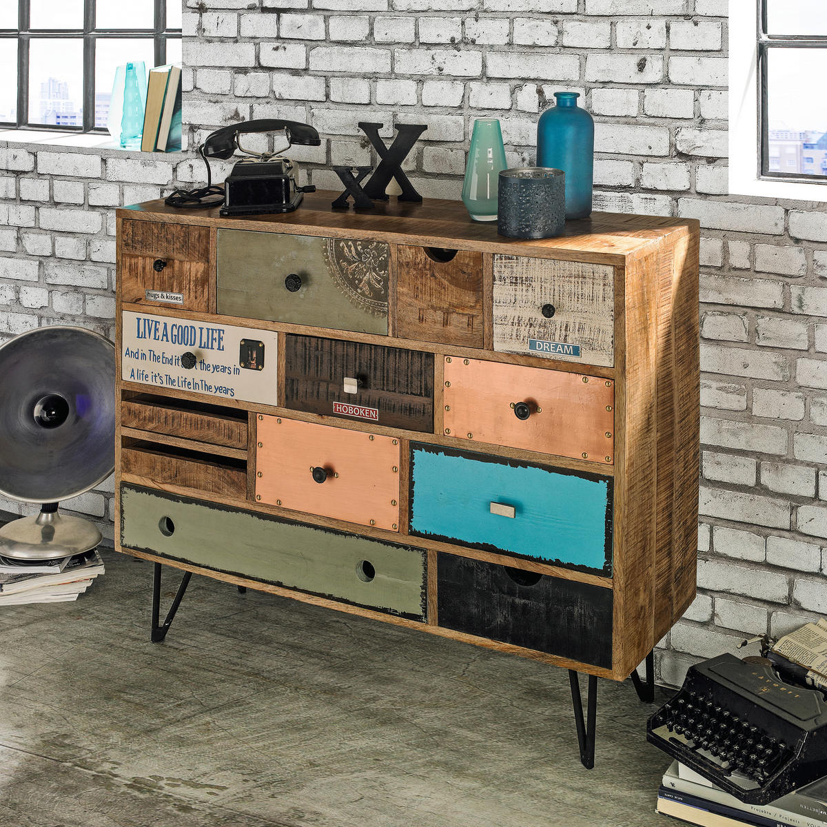 KOMODA, mangové drevo, viacfarebná, 115/95/35 cm - viacfarebná/strieborná, Lifestyle, kov/drevo (115/95/35cm) - Landscape