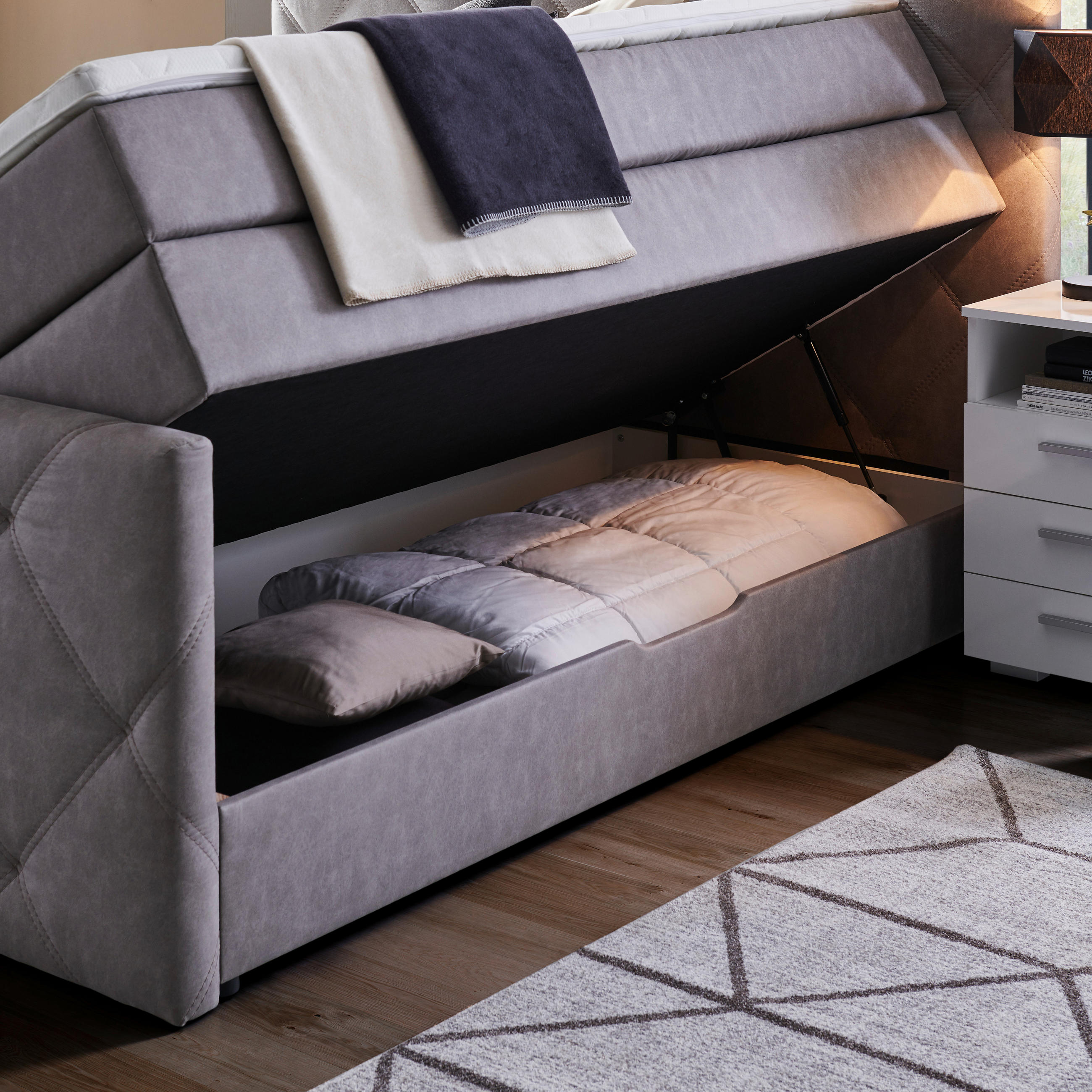 Thumbnail - Livetastic Boxspringbett, Grau, Textil, H2, Höhe ca. 21 cm, 180x200 cm, gepolstertes Kopfteil, Stoffauswahl, Topper durc...