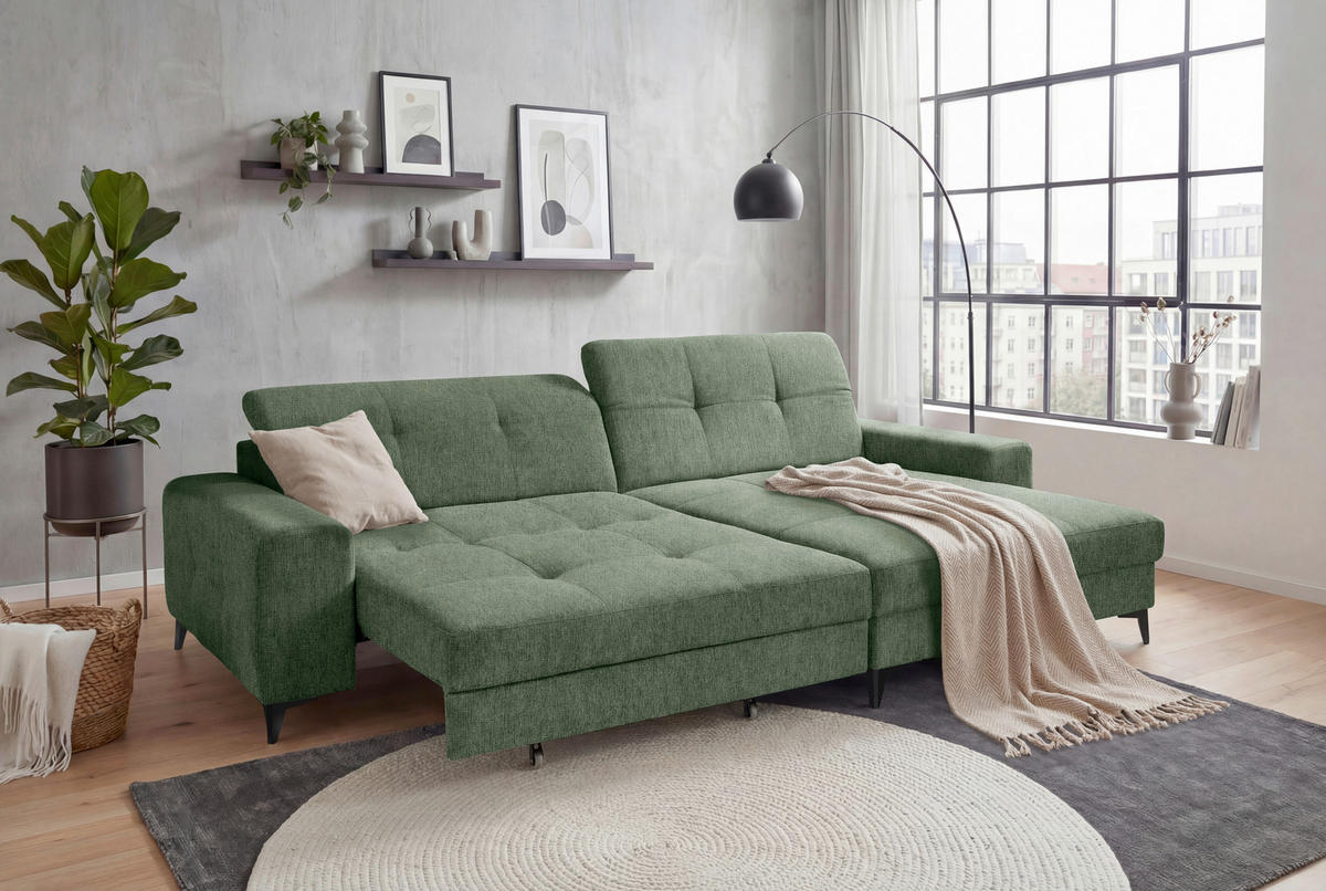 ECKSOFA SORELLA Dunkelgrün Mikrovelours Kopfteilverstellung, Sitztiefenverstellung  - Dunkelgrün/Schwarz, Design, Kunststoff/Textil (328/182cm) - MID.YOU
