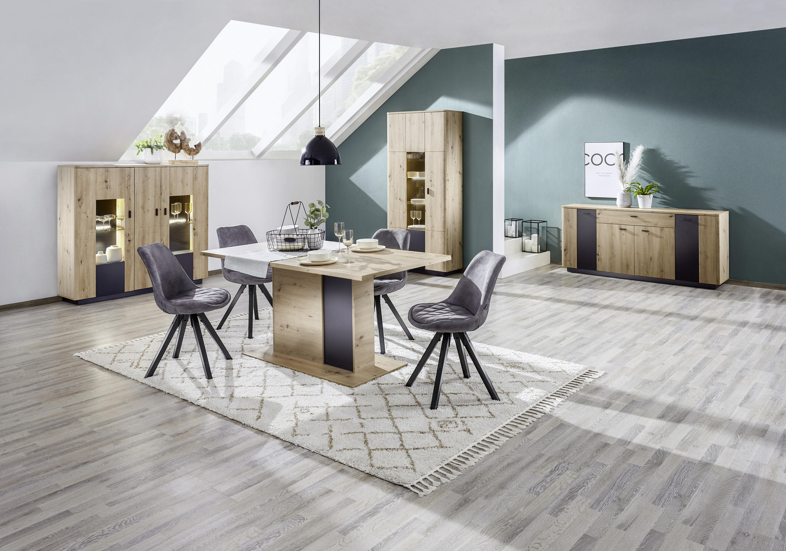 HIGHBOARD  in 150/137/37 cm  - Eichefarben/Anthrazit, Design, Glas/Holzwerkstoff (150/137/37cm) - Carryhome