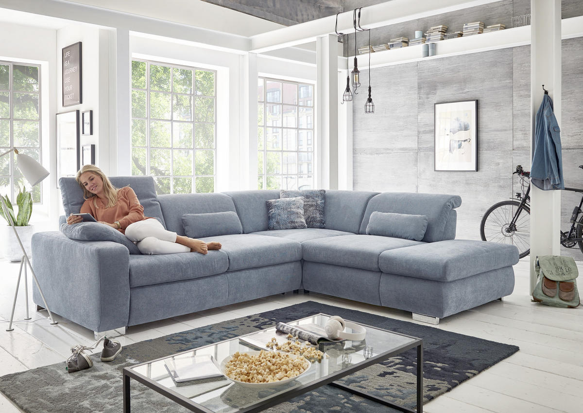 ECKSOFA in Flachgewebe Hellblau  - Chromfarben/Hellblau, Design, Textil/Metall (301/260cm) - Beldomo Style