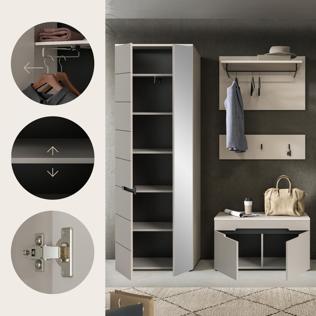 GARDEROBE 3-teilig  in 160/190/37 cm  - Kaschmir/Grau, Design, Holzwerkstoff (160/190/37cm) - MID.YOU