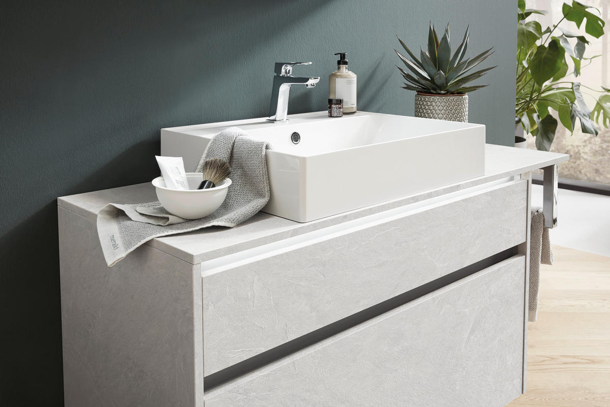 BADEZIMMER 3-teilig  in 81 cm  - Edelstahlfarben/Weiß Hochglanz, MODERN, Holzwerkstoff/Stein (81cm) - Nobilia