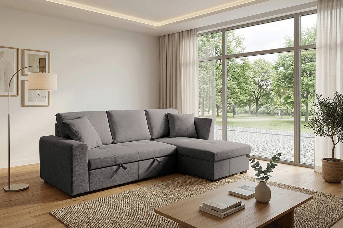 ECKSOFA LUKAS Dunkelgrau Struktur Zierkissen, Bettkasten  - Dunkelgrau, Trend, Textil (239/158cm) - P & B