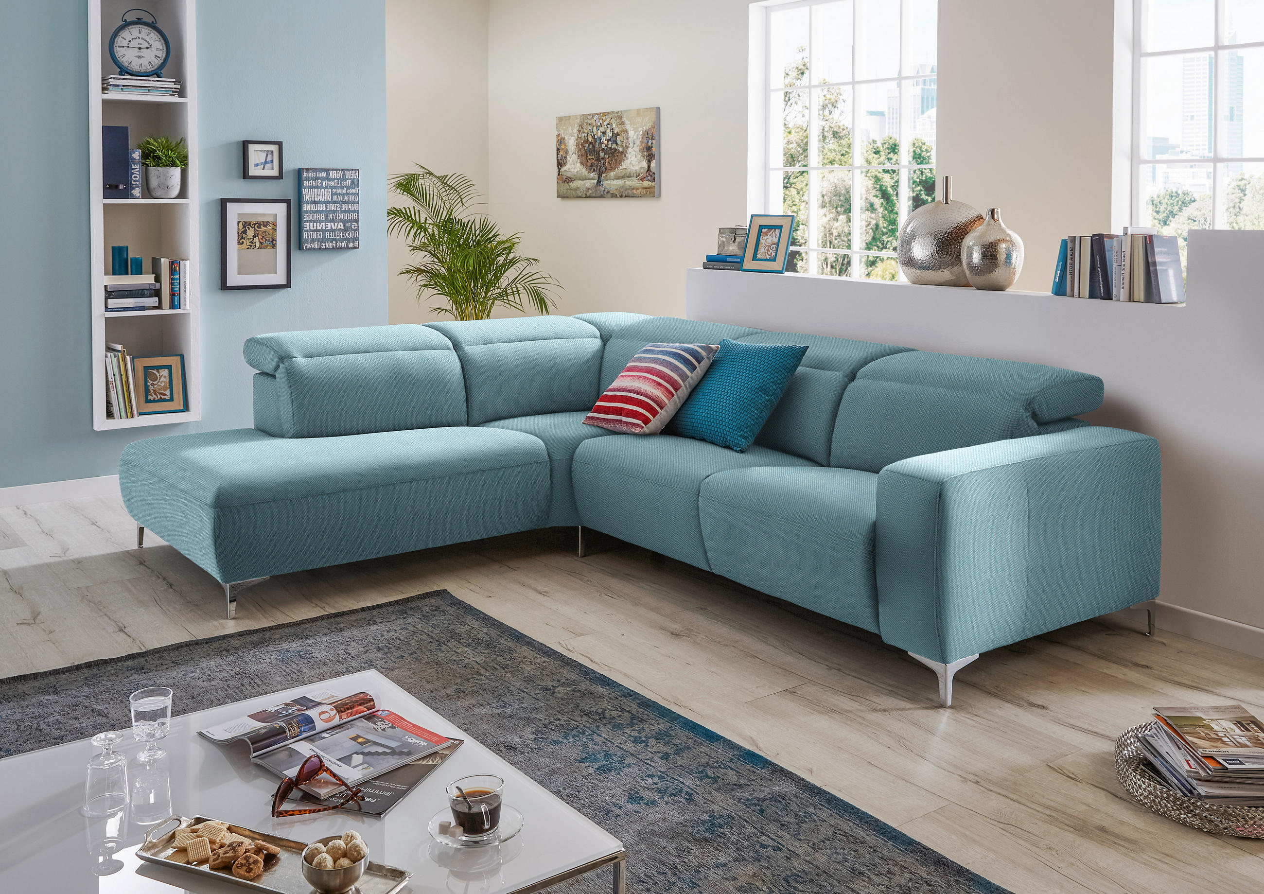 ECKSOFA Hellblau Flachgewebe  - Hellblau, Design, Textil/Metall (290/238cm) - Pure Home Lifestyle