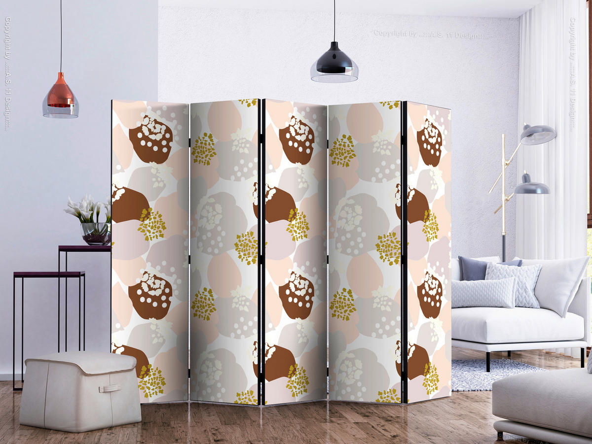 PARAVENT mit 5  Flügel - Braun/Weiß, Basics, Holz/Textil (225/172/3cm) - artgeist