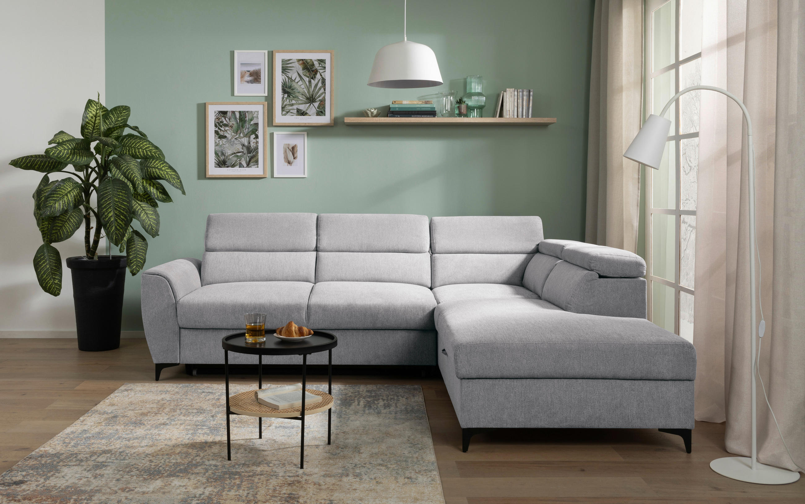 ECKSOFA Hellgrau Velours  - Hellgrau/Schwarz, KONVENTIONELL, Textil/Metall (255/217cm) - Carryhome