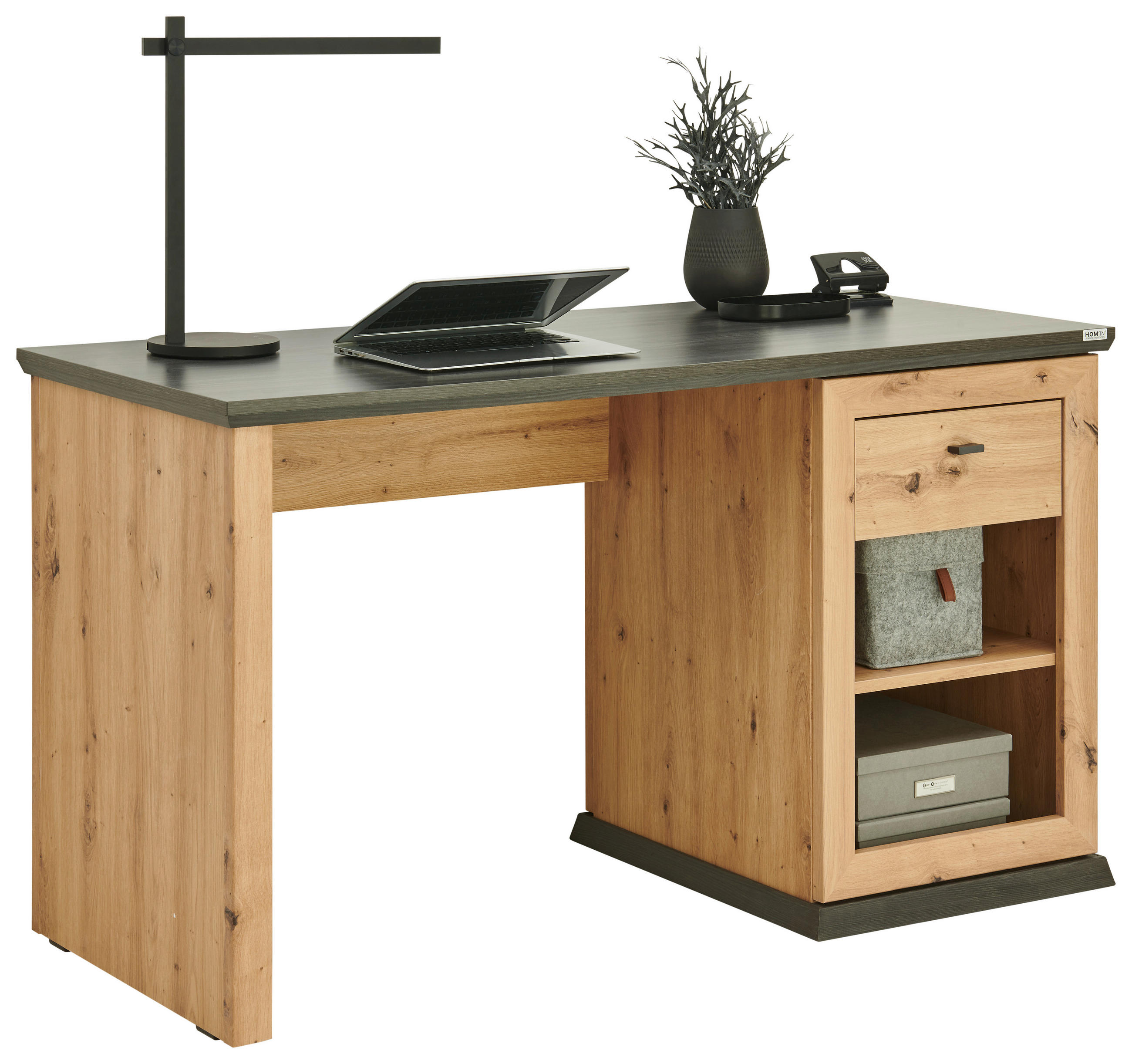SCHREIBTISCH 135/59/76 cm  in Eichefarben, Dunkelgrau  - Eichefarben/Dunkelgrau, ROMANTIK / LANDHAUS, Holzwerkstoff/Metall (135/59/76cm) - Hom`in