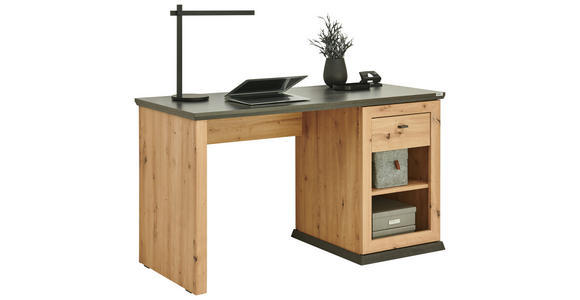 SCHREIBTISCH 135/59/76 cm Eichefarben, Dunkelgrau Stauraum  - Eichefarben/Dunkelgrau, ROMANTIK / LANDHAUS, Holzwerkstoff/Metall (135/59/76cm) - Hom`in