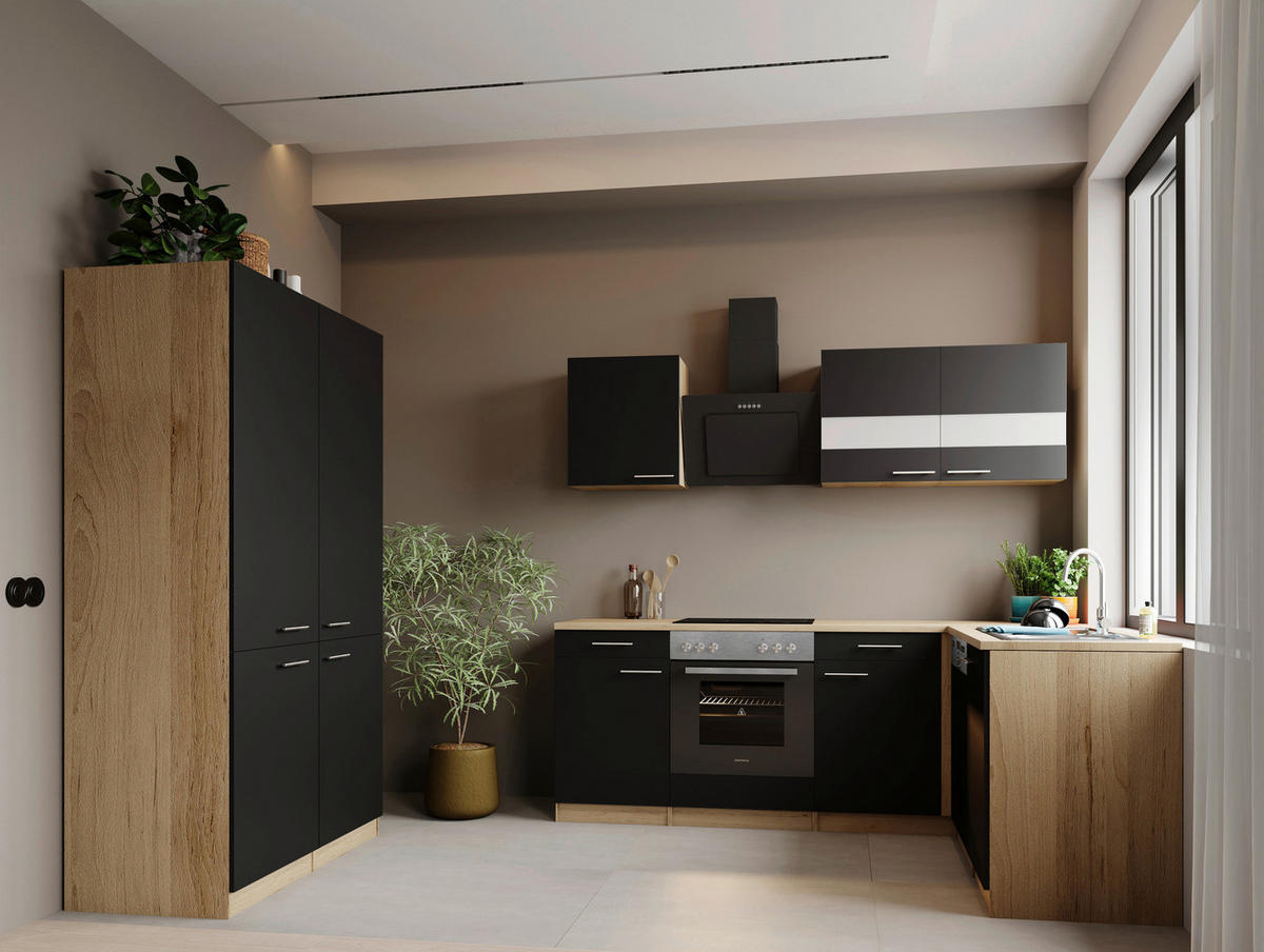 ECKKÜCHE Merle 340/172 cm  in Schwarz  - Edelstahlfarben/Eichefarben, Trend, Holzwerkstoff/Metall (340/172cm) - Respekta