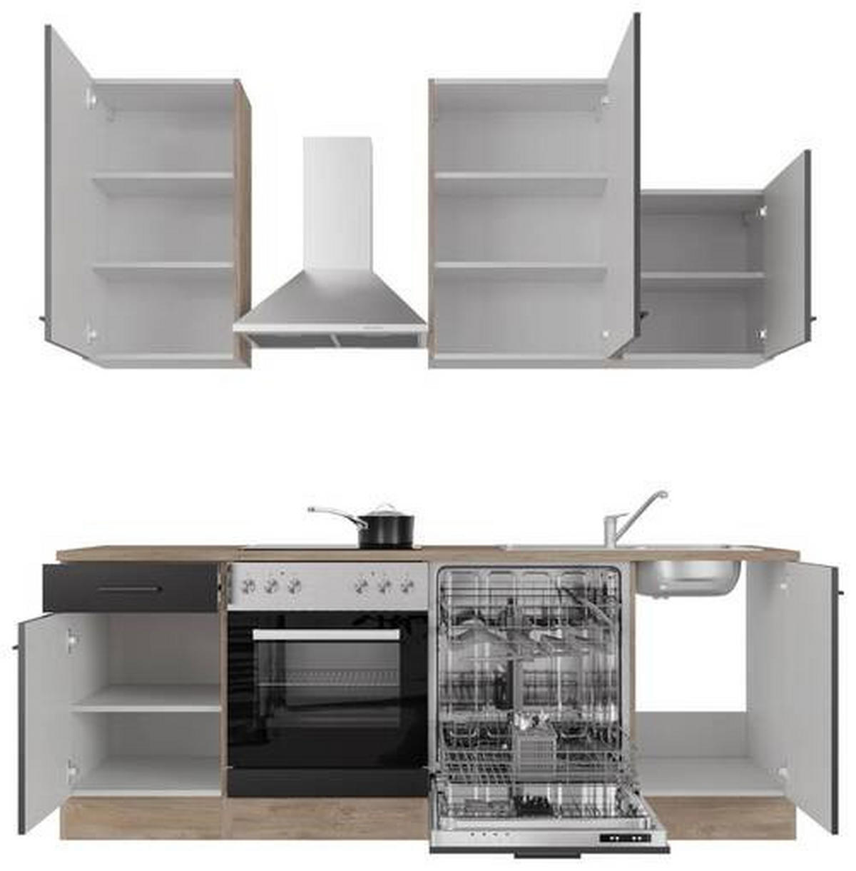 KUCHYŇSKÁ LINKA CAPRI 220 - černá/barvy dubu, Moderní, kov/kompozitní dřevo (220cm) - FlexWell