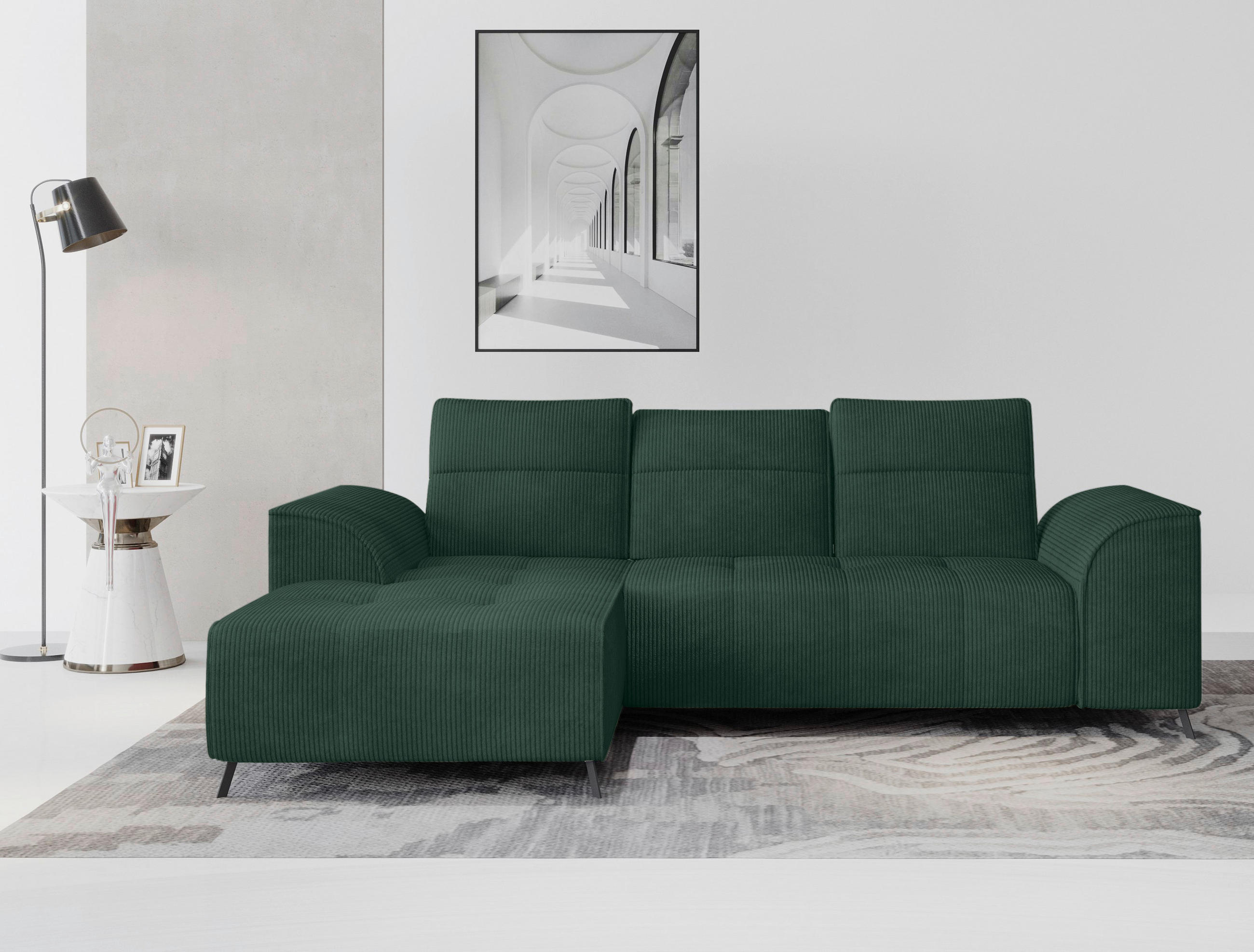 ECKSOFA Dunkelgrün Cord  - Dunkelgrün/Schwarz, KONVENTIONELL, Textil/Metall (196/290cm) - Carryhome