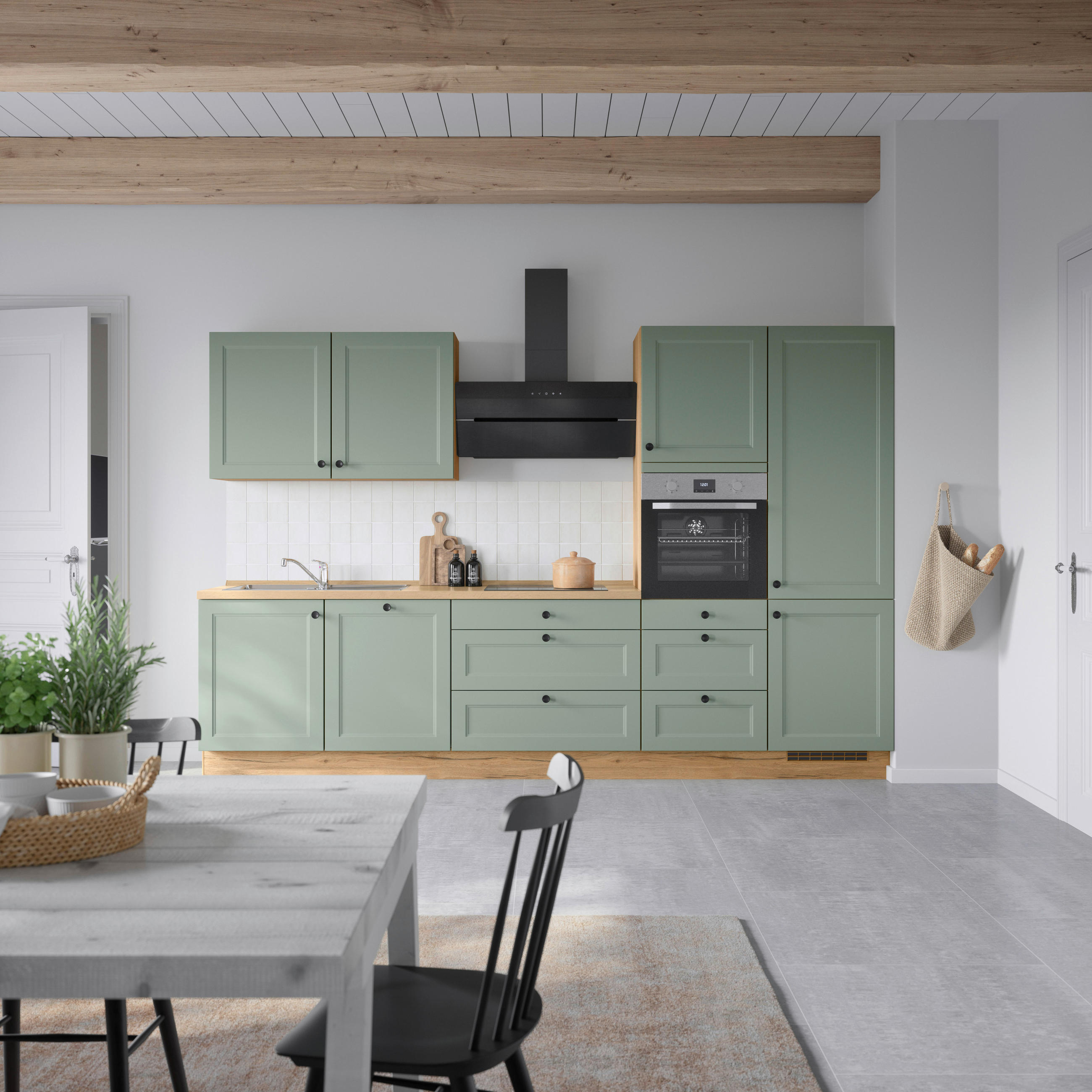 KÜCHENBLOCK 330 cm   in Eichefarben, Schilfgrün  - Schilfgrün/Eichefarben, MODERN, Holzwerkstoff/Metall (330cm) - Nobilia