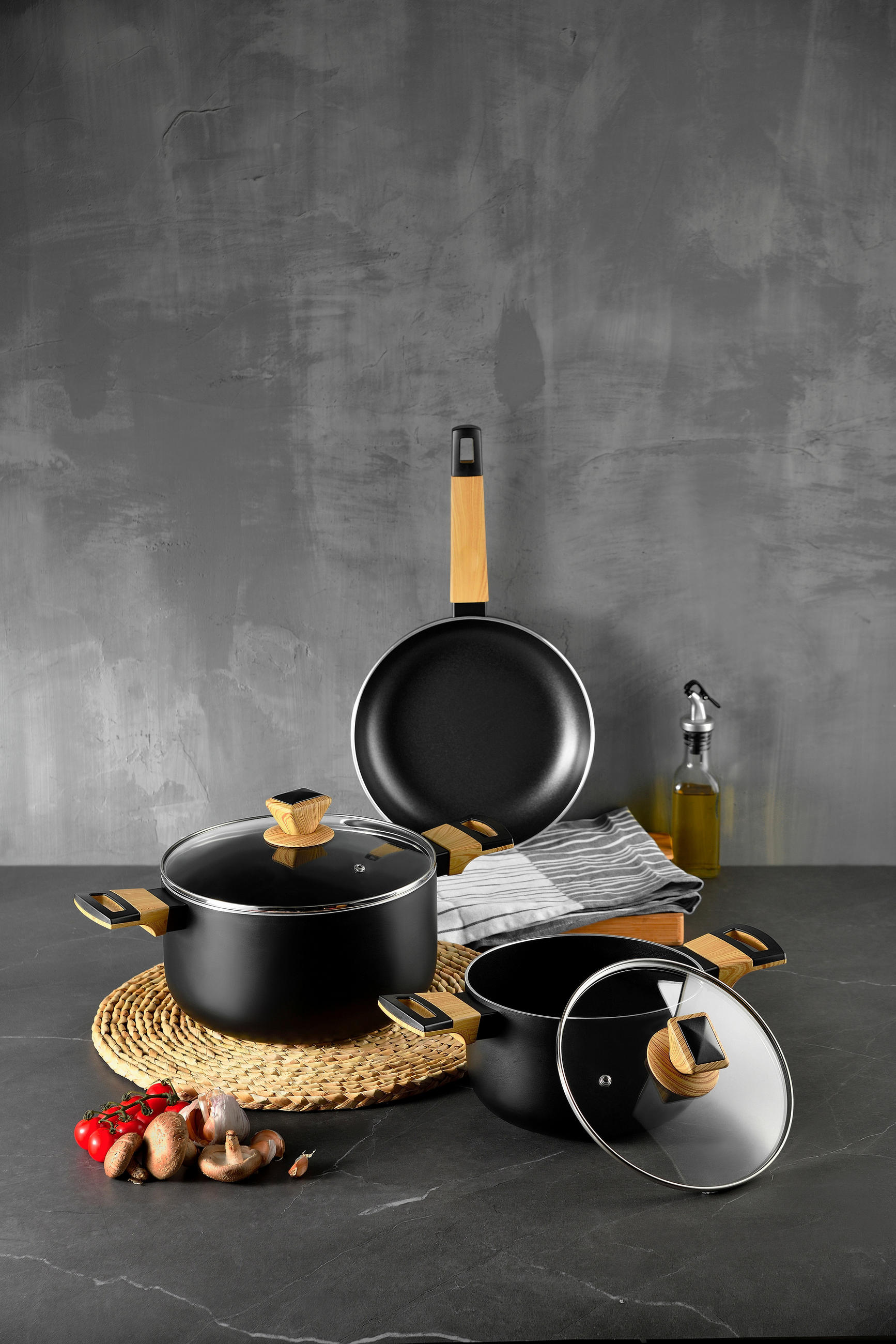 KOCHTOPFSET BERGNER EARTH BLACK 7-teilig  - Schwarz, Basics, Glas/Holz