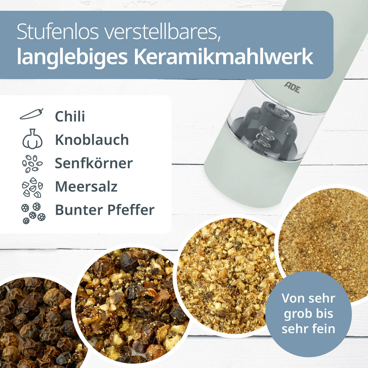 ELEKTR. SALZ-/PFEFFERMÜHLE  - Salbeigrün, Basics, Kunststoff/Metall (3,8/3,8/14cm) - ADE