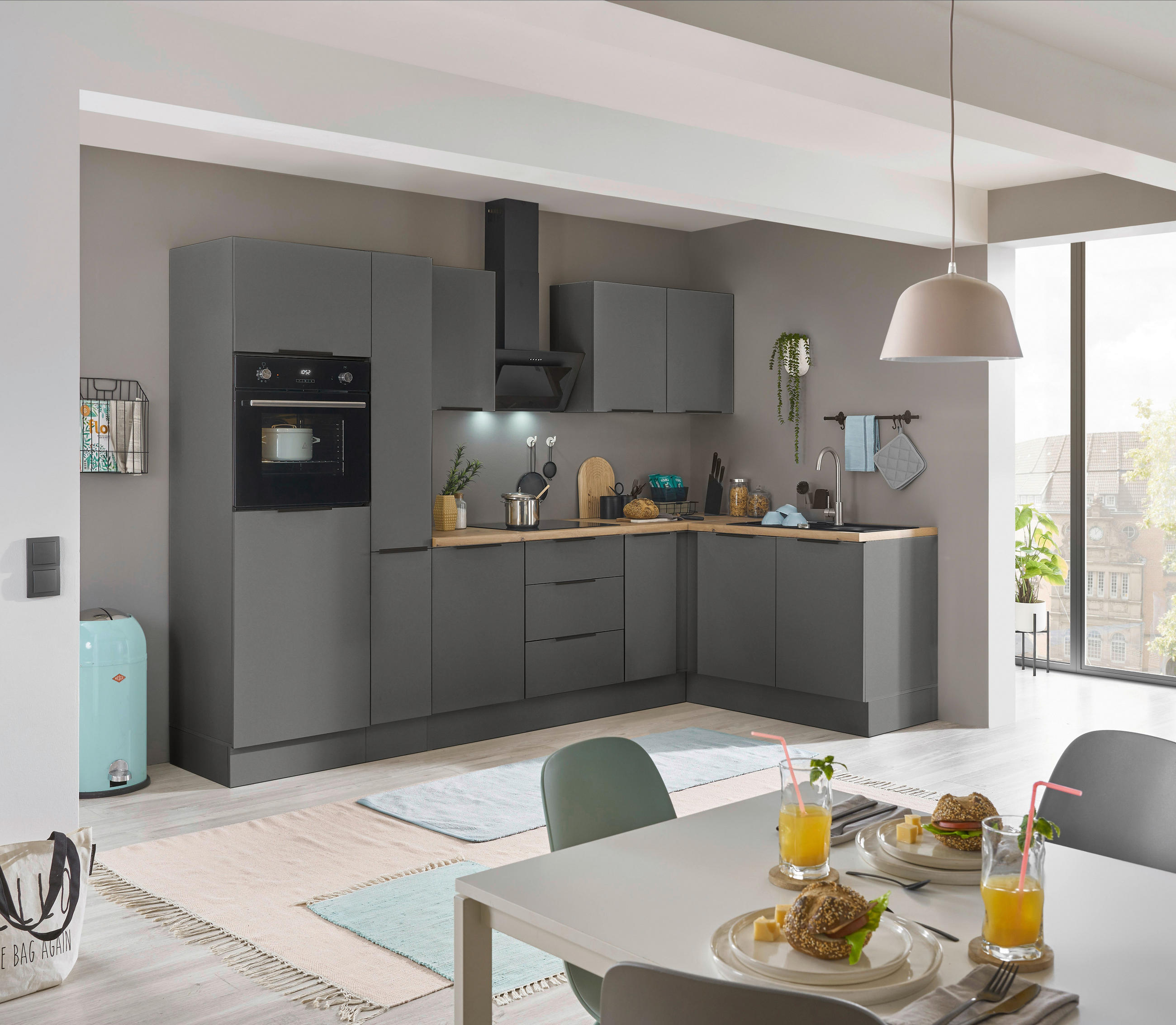 ECKKÜCHE 300/165 cm  in Graphitfarben  - Schwarz/Graphitfarben, Basics, Holzwerkstoff/Metall (300/165cm) - Carryhome