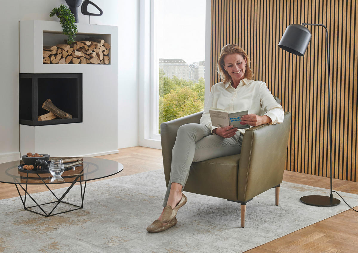 SESSEL in Echtleder Olivgrün  - Eichefarben/Beige, Natur, Leder/Holz (75/84/76cm) - Valnatura