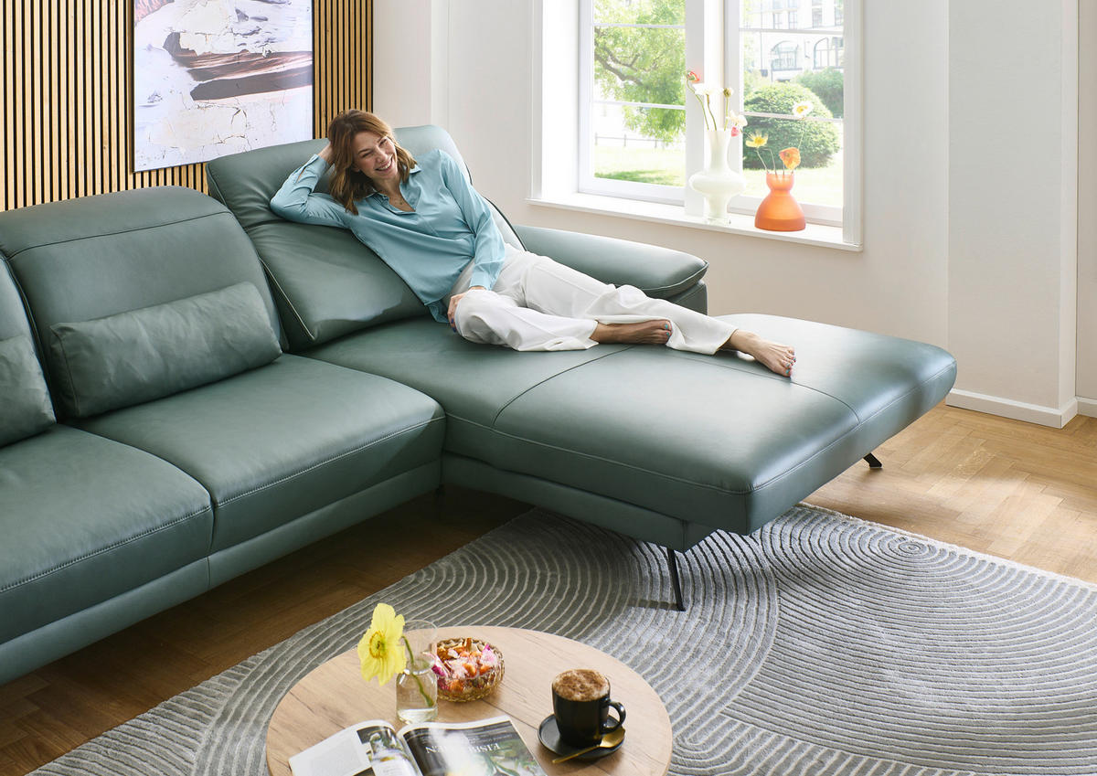 ECKSOFA Opal Echtleder  - Opal/Schwarz, Design, Leder/Metall (332/193cm) - Dieter Knoll