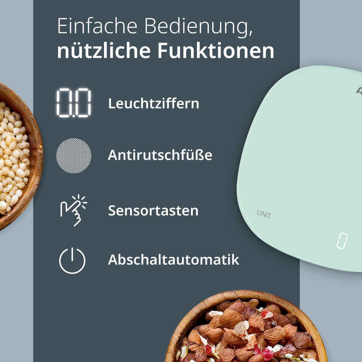 ELEKTRISCHE KÜCHENWAAGE - Mintgrün, Basics, Kunststoff (18/18/1,9cm) - ADE