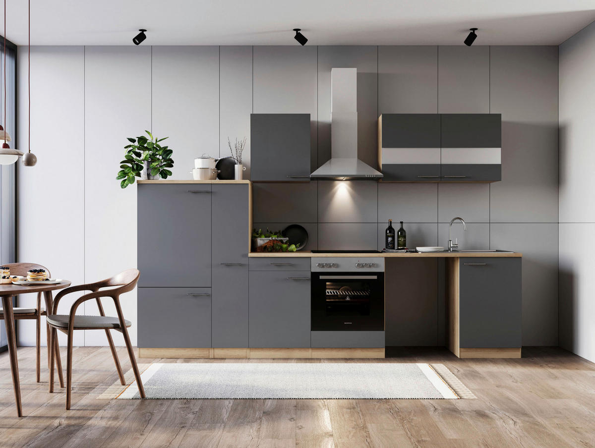 KÜCHENBLOCK 310 cm   in Grau  - Edelstahlfarben/Eichefarben, Basics, Glas/Holzwerkstoff (310cm) - Respekta