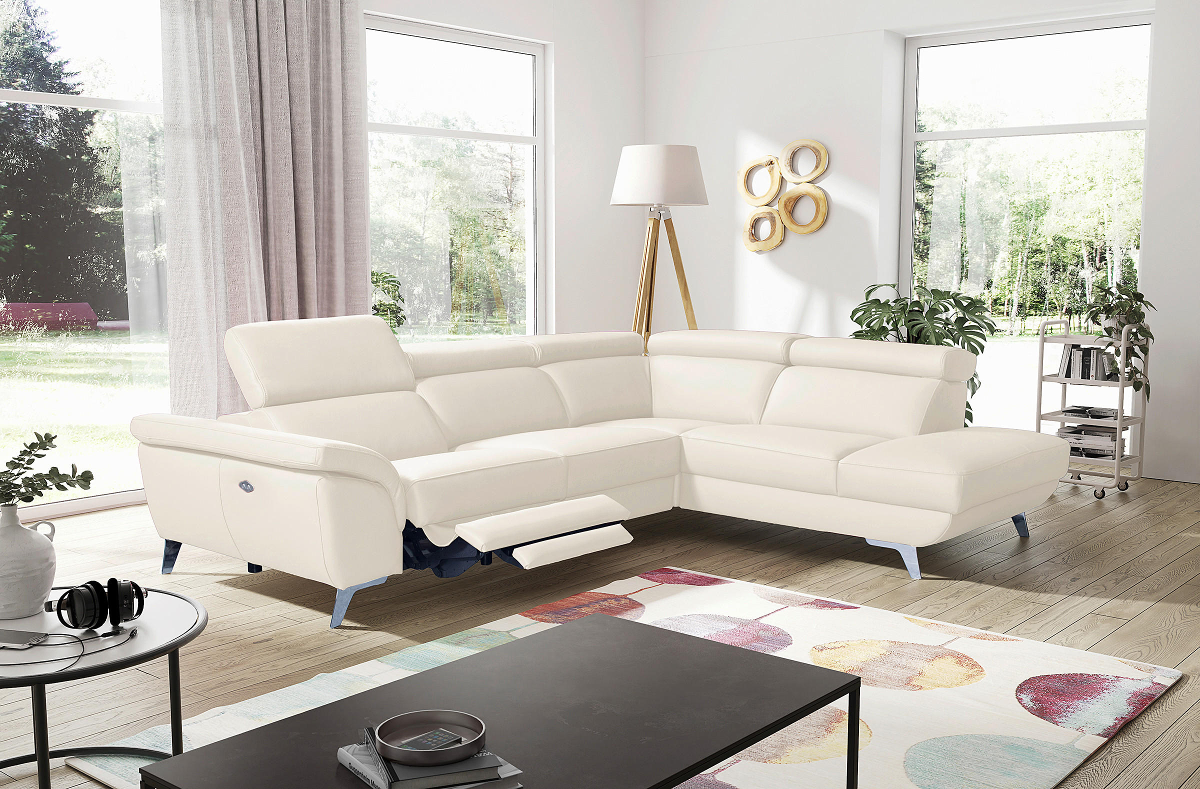 ECKSOFA  in Echtleder Creme  283/228 cm  - Silberfarben/Creme, Design, Leder/Metall (283/228cm) - Livetastic