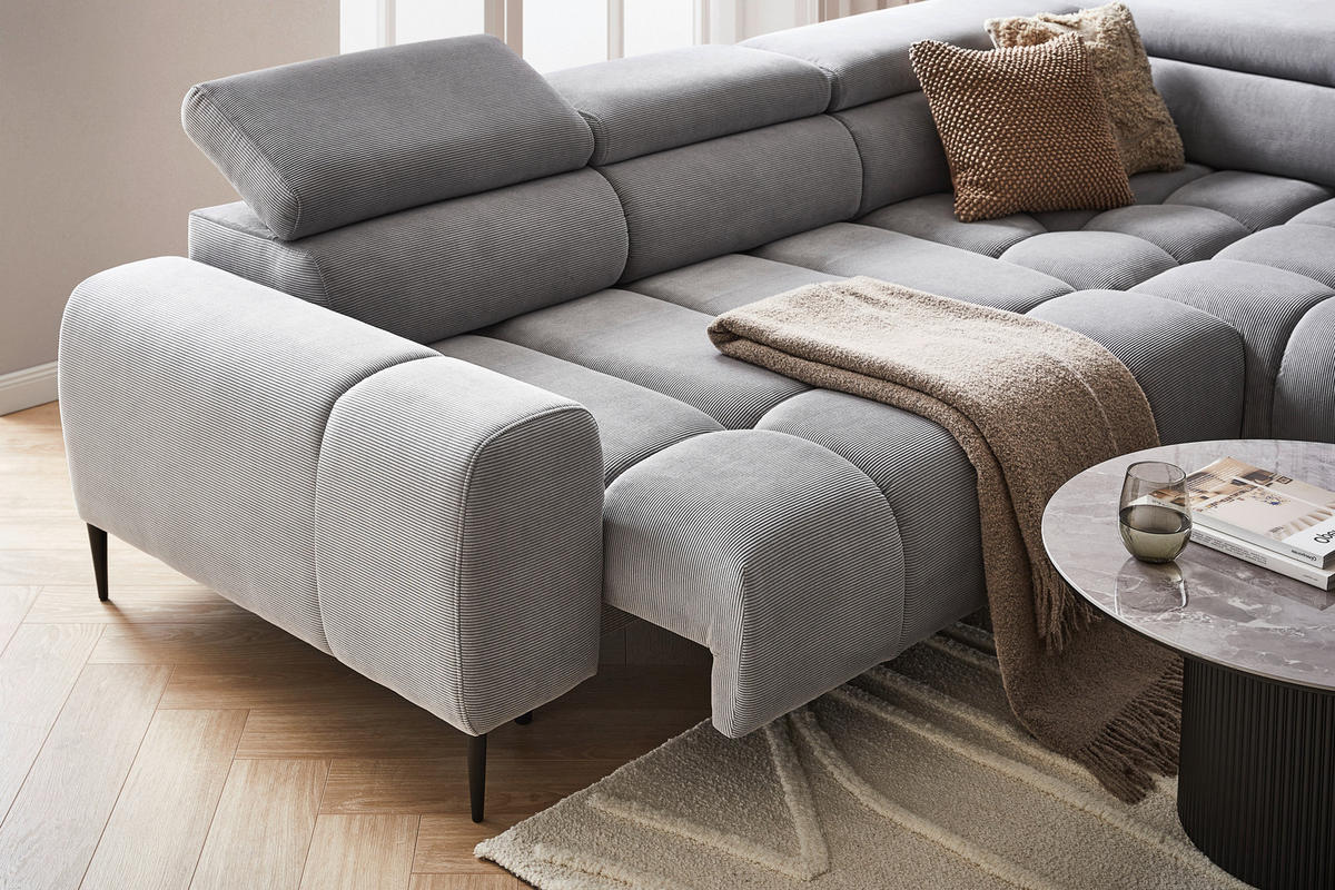 WOHNLANDSCHAFT Grau Cord  - Schwarz/Grau, MODERN, Textil/Metall (300/216cm) - Welnova