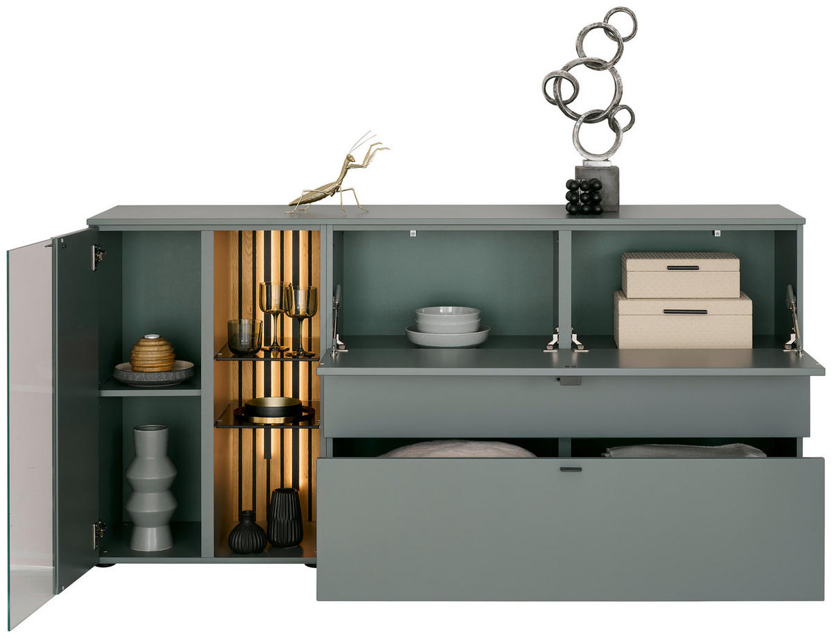 SIDEBOARD Grün, Eichefarben  180/89/43 cm  - Eichefarben/Anthrazit, Design, Glas/Holz (180/89/43cm) - Venjakob